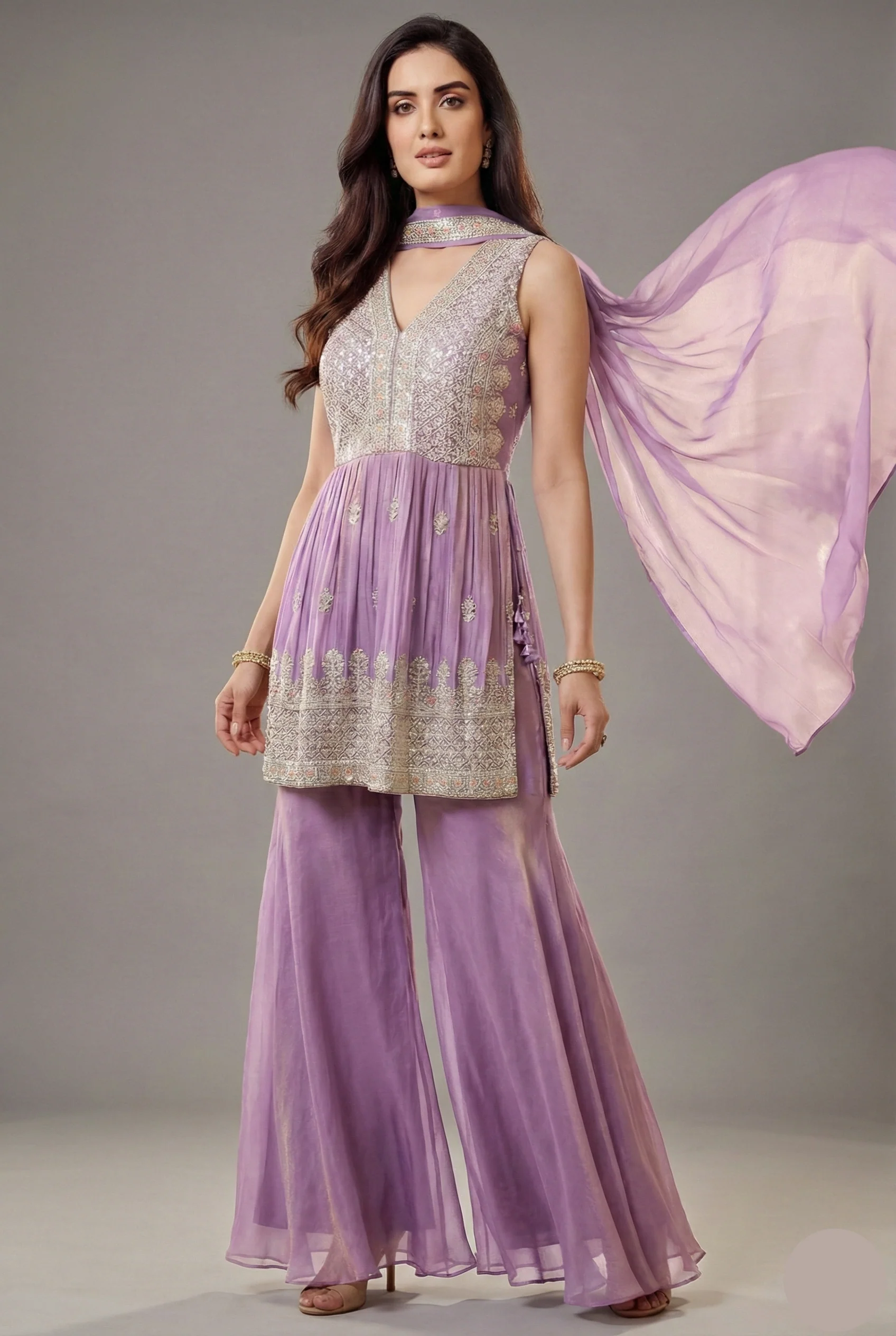Lilac Orchid Purple Glass Tissue Organza Embroidered Palazzo Suit
