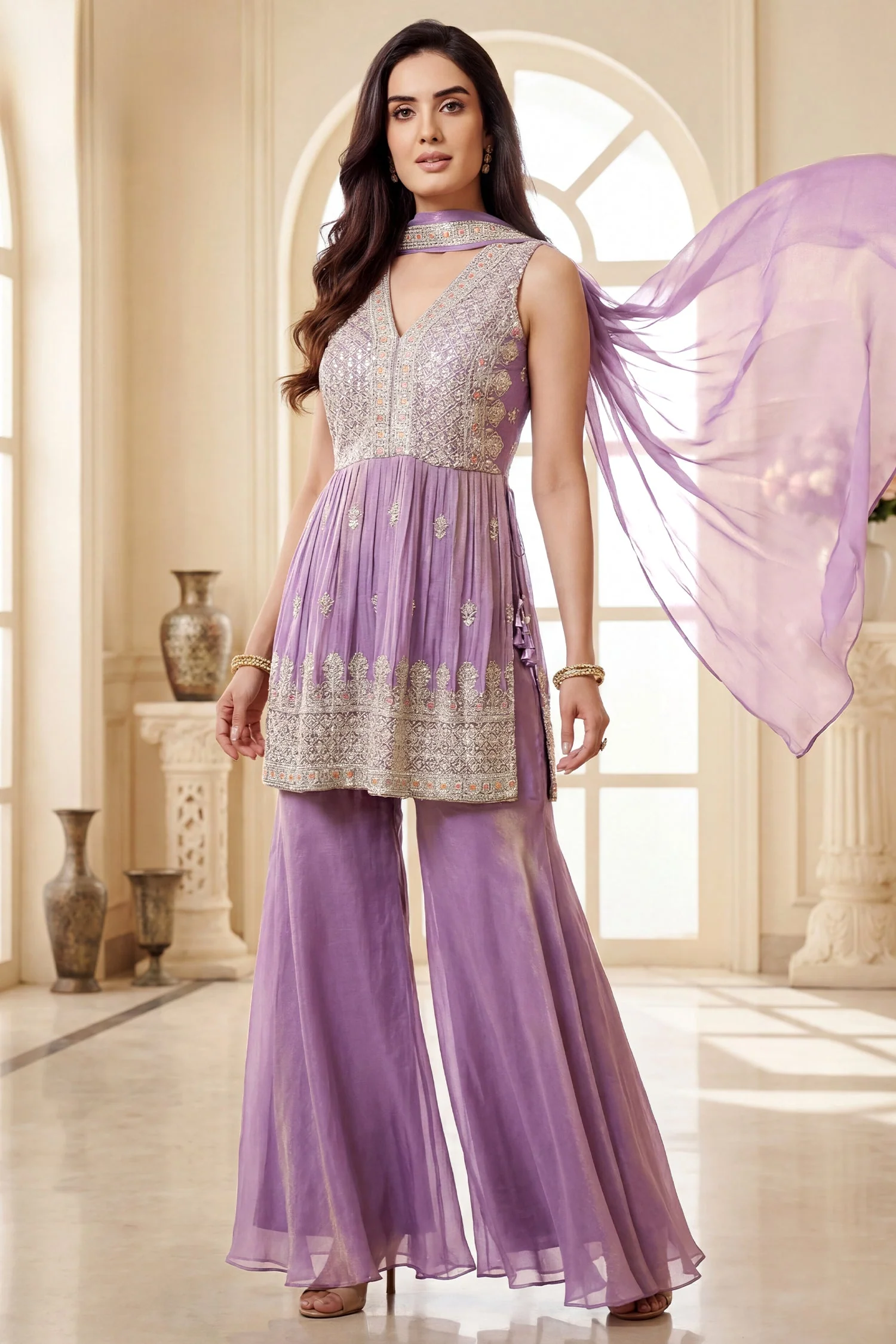 Lilac Orchid Purple Glass Tissue Organza Embroidered Palazzo Suit - Image 2
