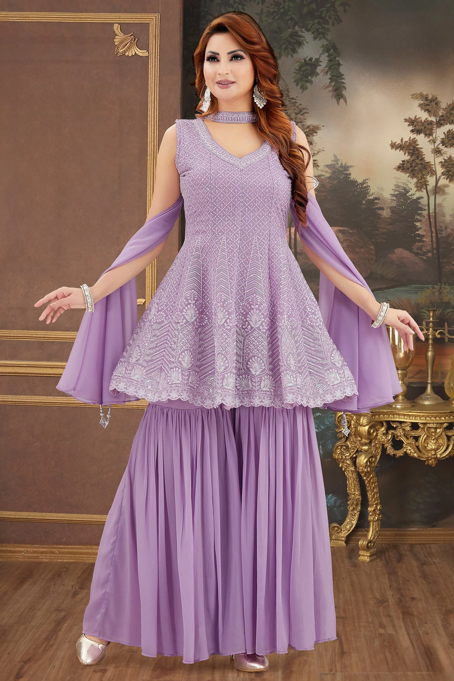Lilac Purple Georgette Embroidered Peplum Sharara Suit - Image 3