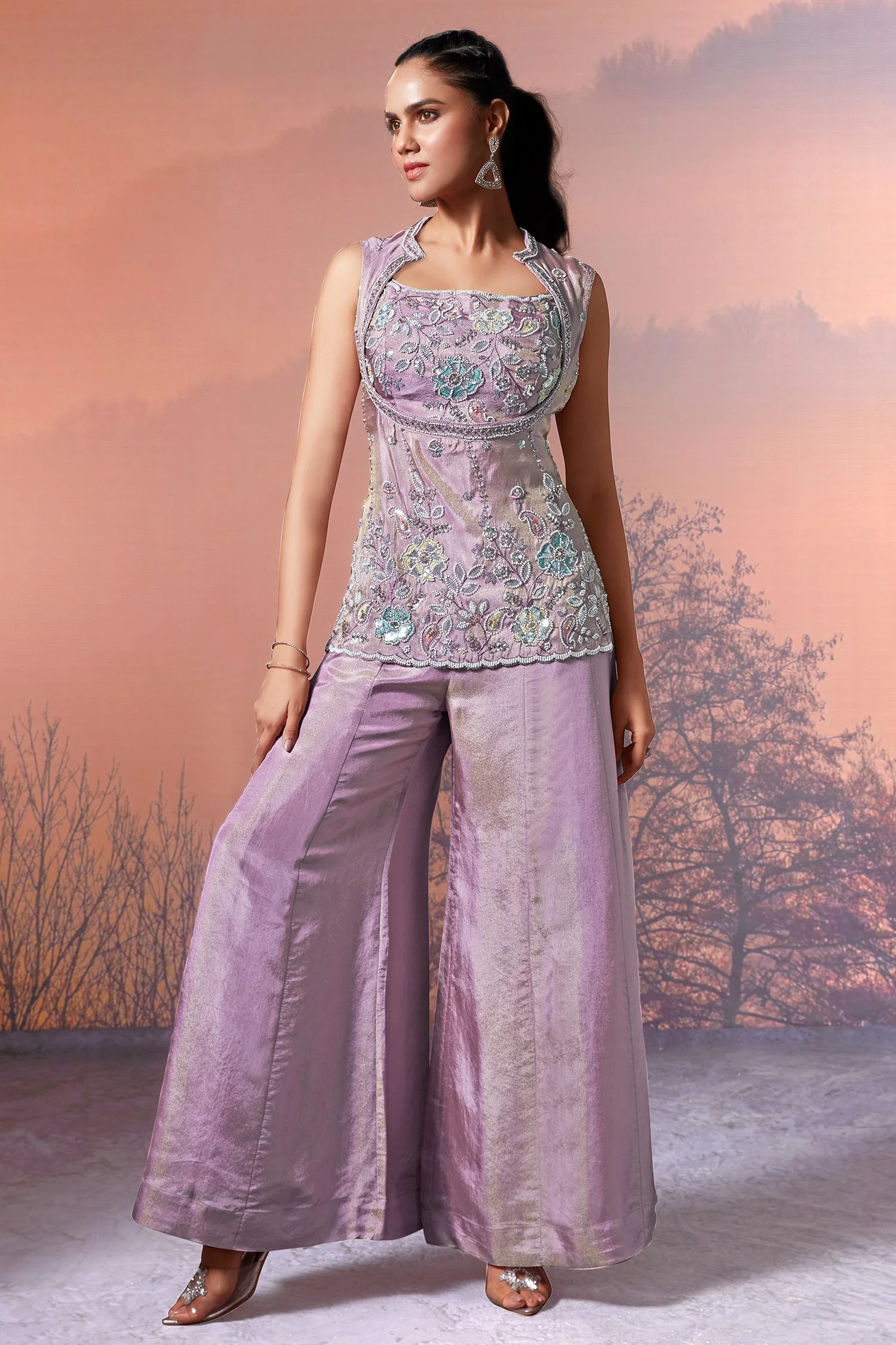 Lilac Purple Tissue Silk Sequin Beaded Palazzo Set - Image 2