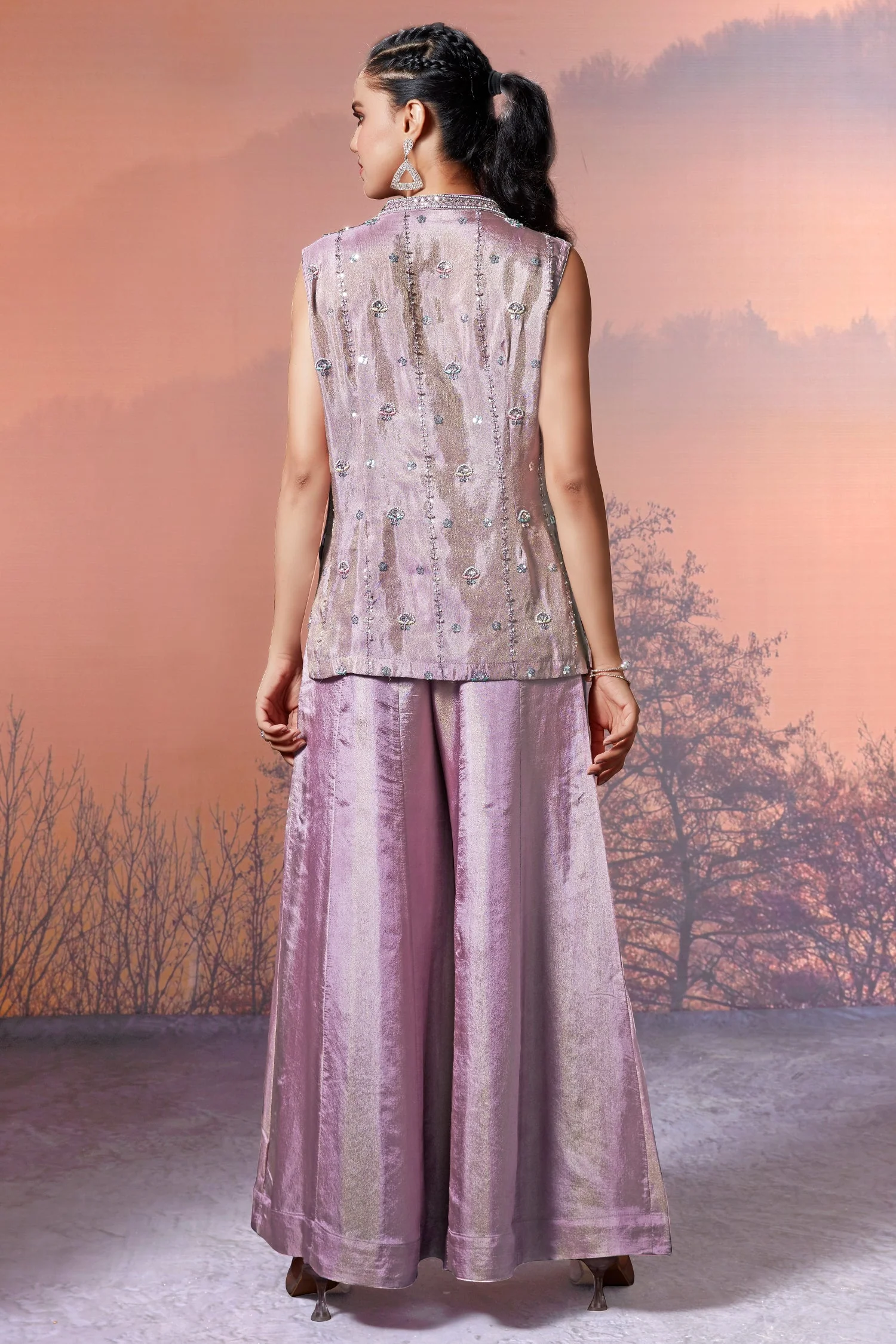 Lilac Purple Tissue Silk Sequin Beaded Palazzo Set - Image 3