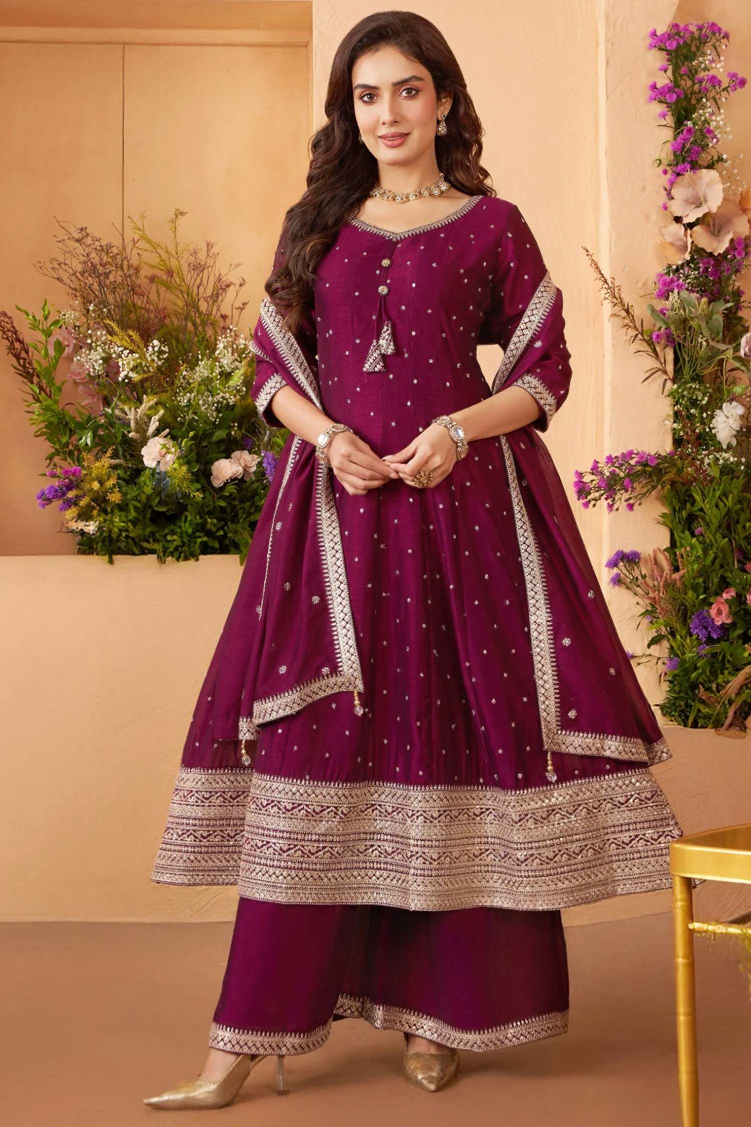 Magenta Art Silk Sequin Embroidery Anarkali Palazzo Suit - Image 3