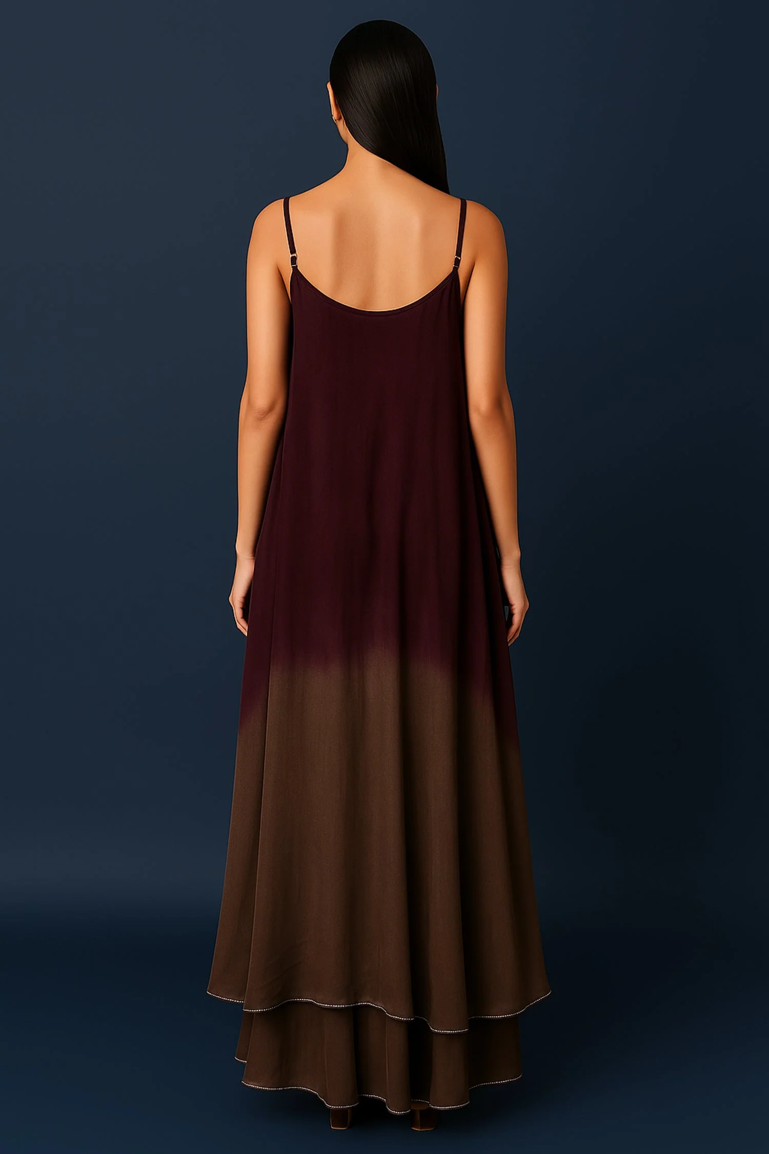 Maroon and Taupe Georgette Square Neck High and Low Layered Asymmetric Hem Detail Co-Ord Set - Image 2