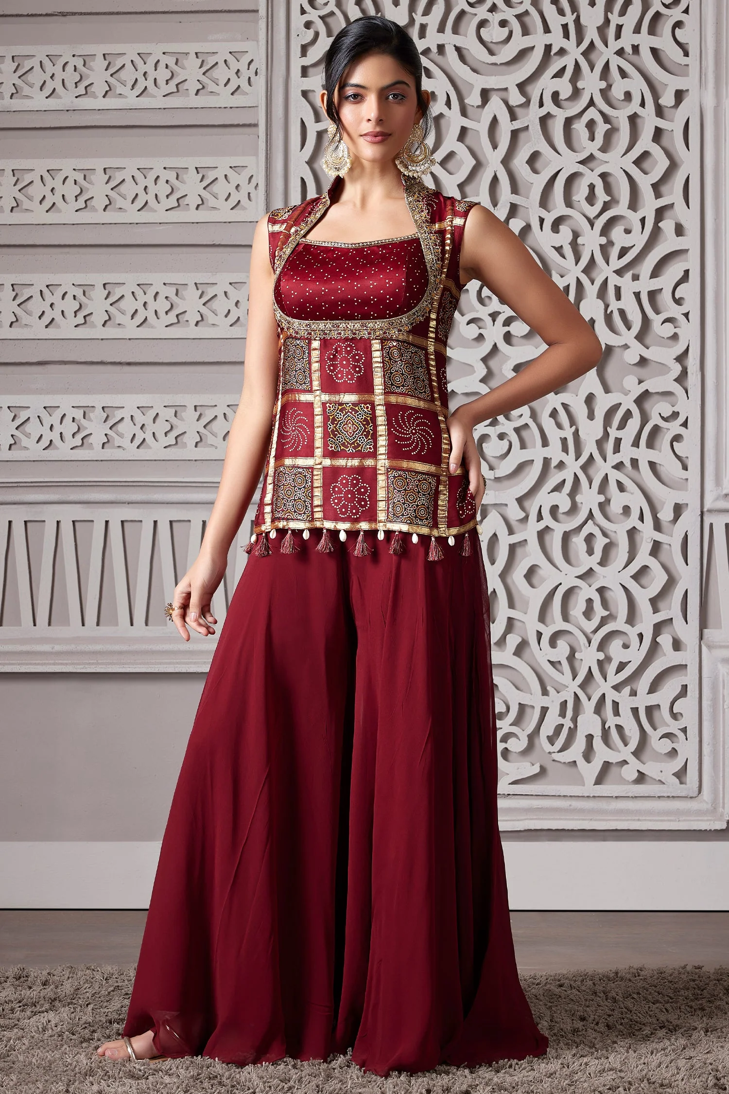 Maroon Gaji Silk Ajrakh Printed Palazzo Suit - Image 2