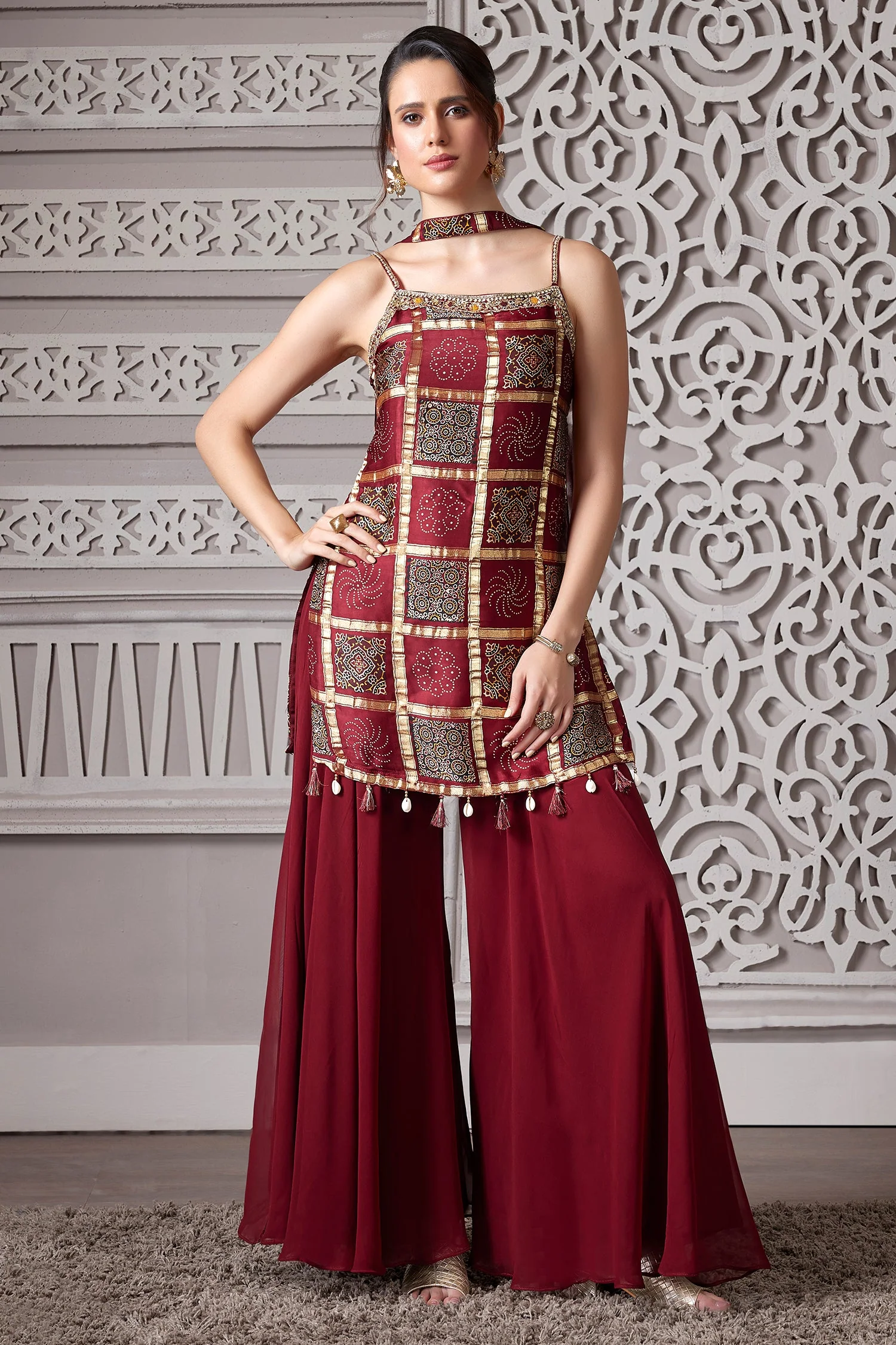 Maroon Gaji Silk Ajrakh Printed Straight Cut Palazzo Suit with Tassles - Image 2