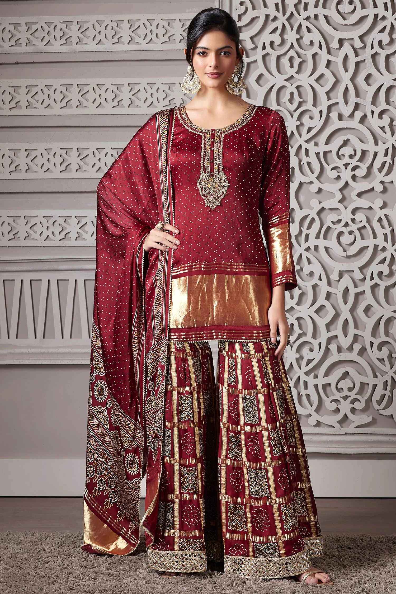 Maroon Gaji Silk Sharara Suit with Zardosi and Cutdana Work - Image 2