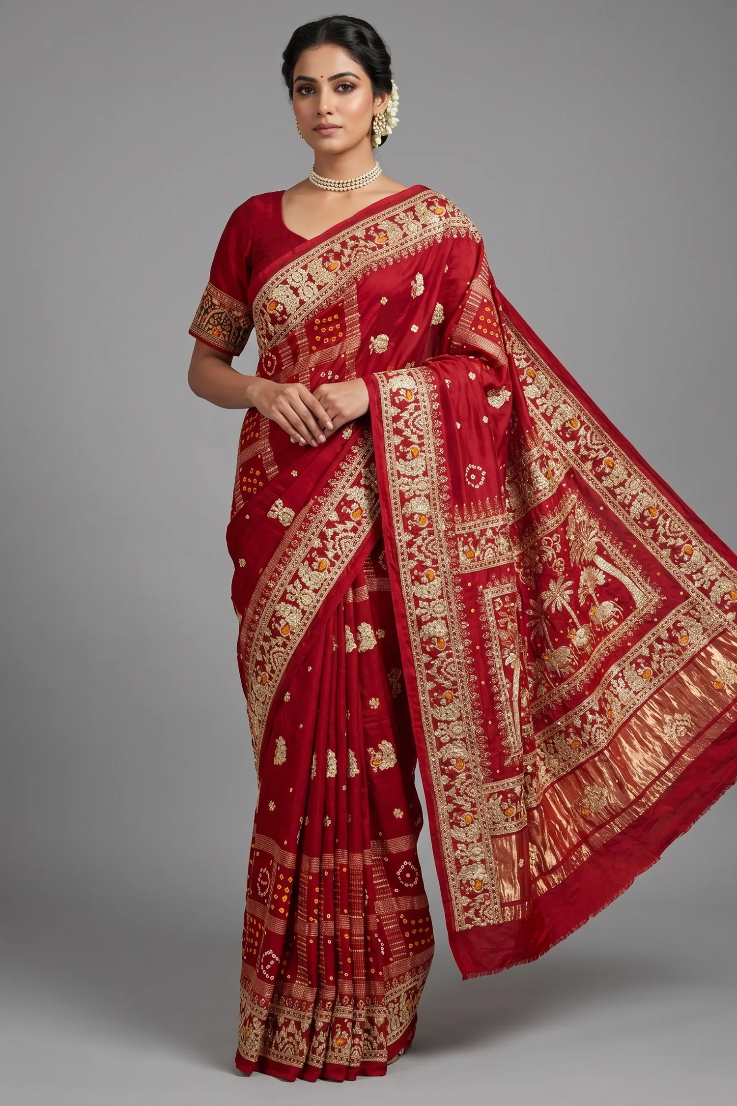 Maroon Gaji Silk Traditional Bandhej Checks Gharchola Saree with Embroidery and Peacock Motif