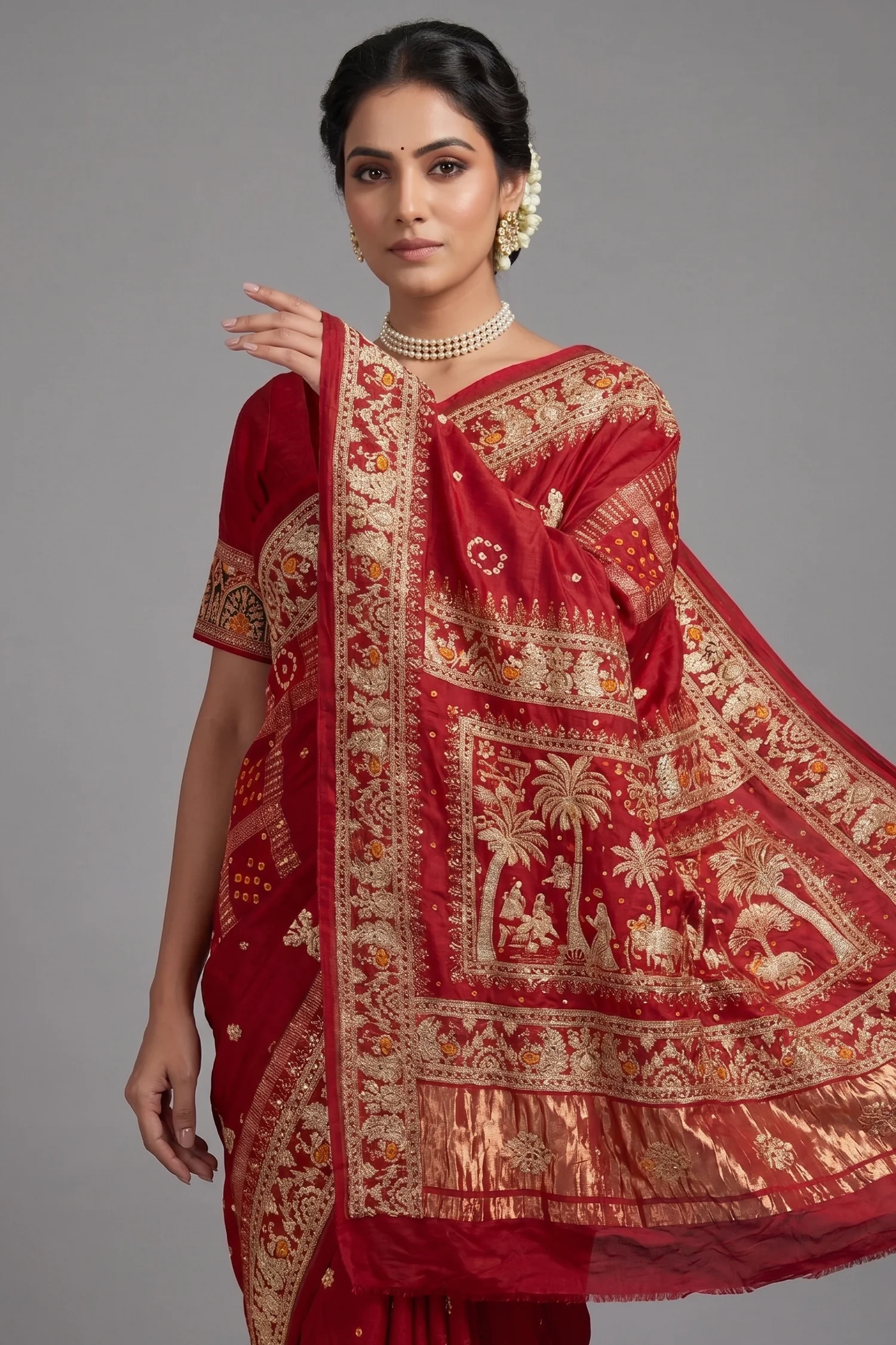 Maroon Gaji Silk Traditional Bandhej Checks Gharchola Saree with Embroidery and Peacock Motif - Image 2