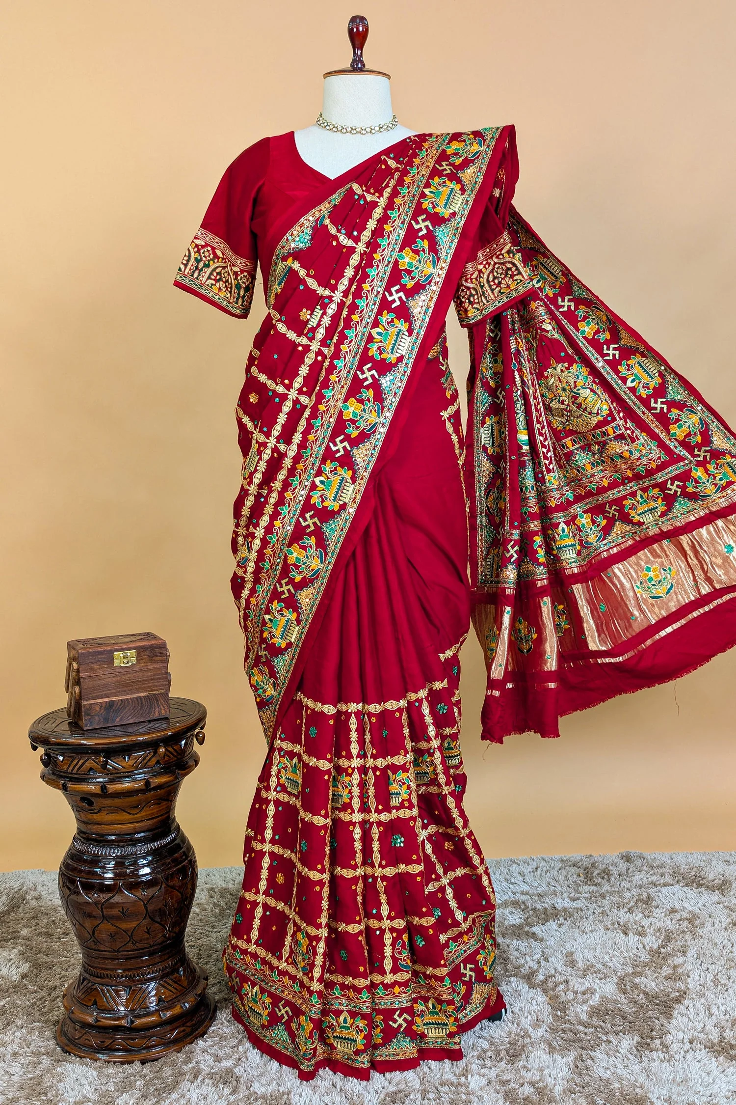 Maroon Gaji Silk Traditional Checks Gharchola Saree with Embroidery - Image 2