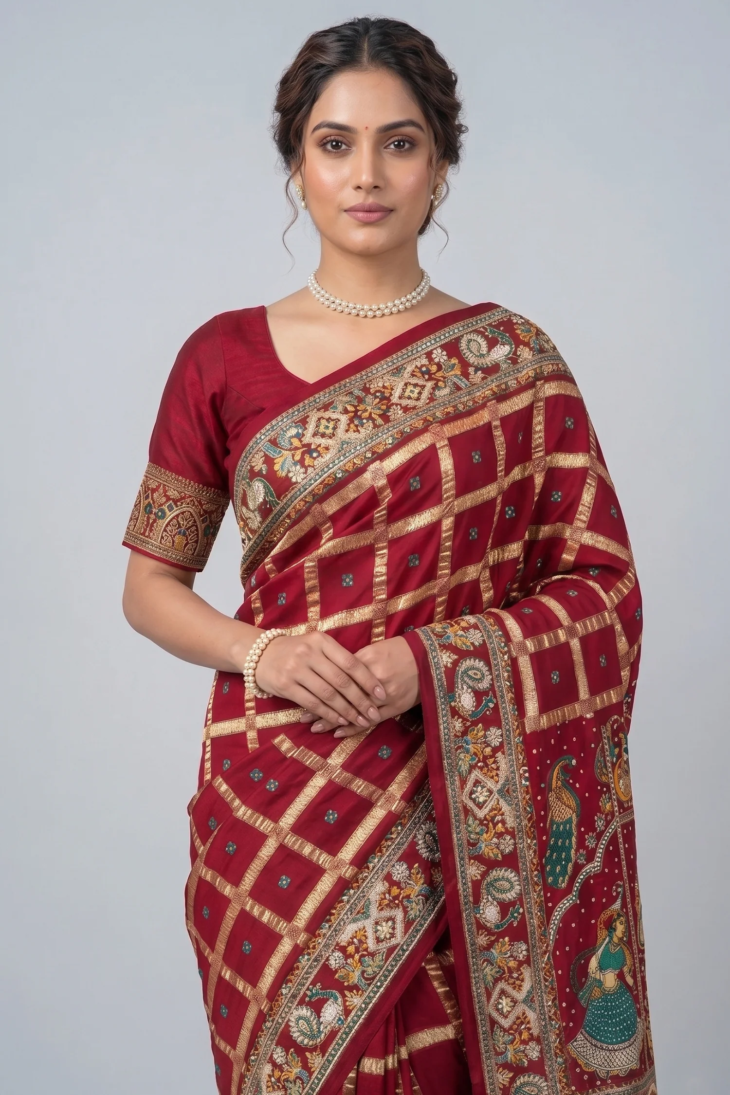 Maroon Gaji Silk Traditional Checks Gharchola Saree with Heavy Embroidered Pallu - Image 2
