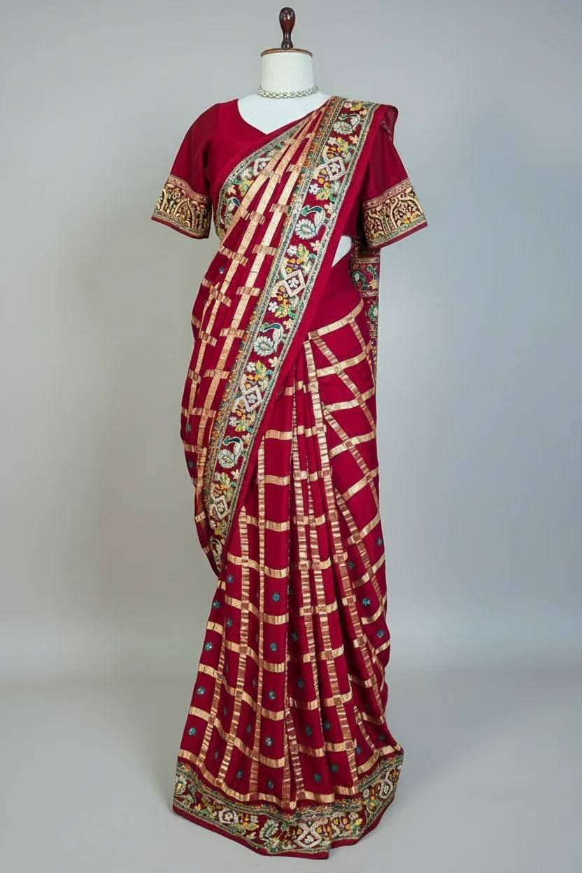 Maroon Gaji Silk Traditional Checks Gharchola Saree with Heavy Embroidered Pallu - Image 3