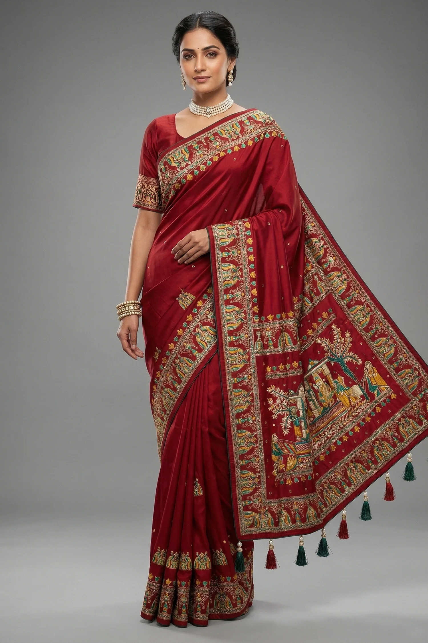 Maroon Gaji Silk Traditional Gharchola Saree with Tassles