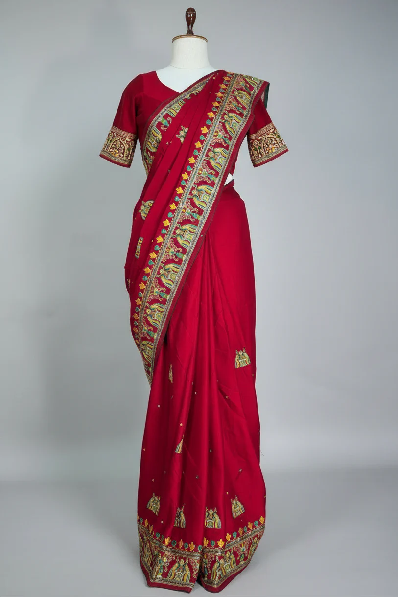 Maroon Gaji Silk Traditional Gharchola Saree with Tassles - Image 3