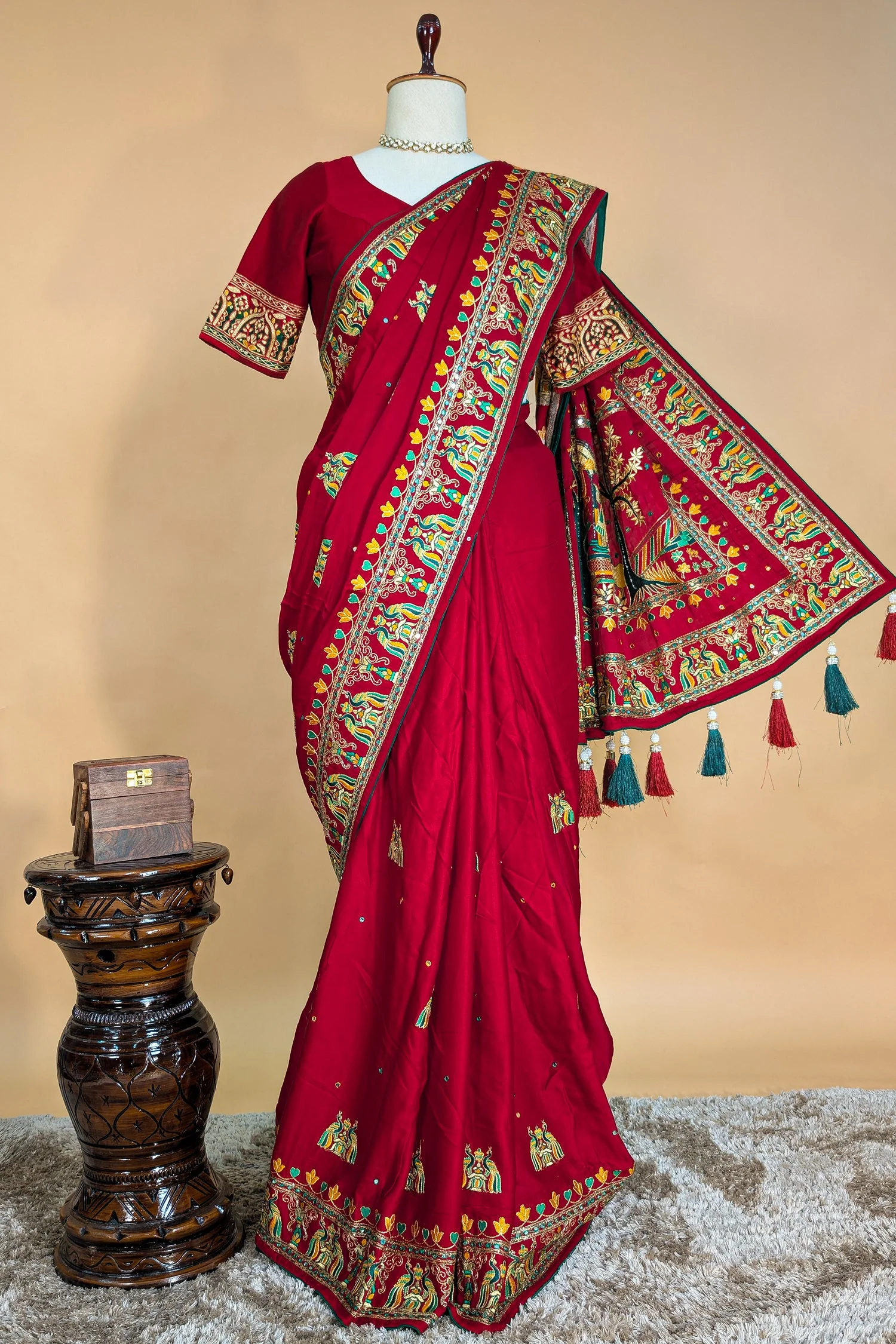 Maroon Gaji Silk Traditional Gharchola Saree with Tassles - Image 4