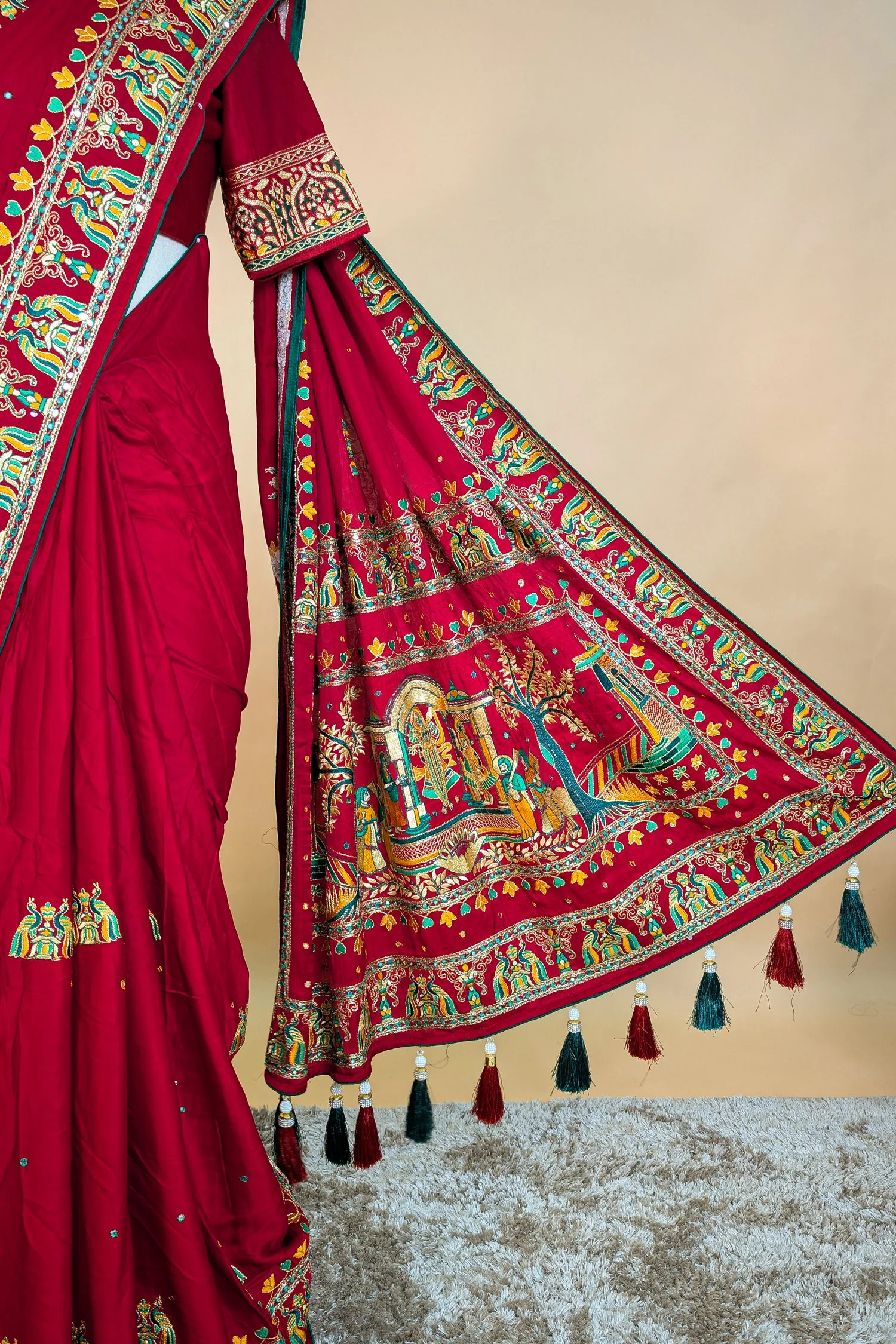 Maroon Gaji Silk Traditional Gharchola Saree with Tassles - Image 7