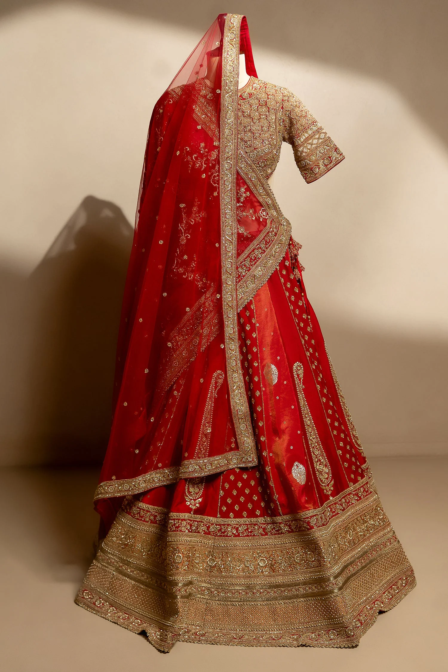 Maroon Raw Silk Tissue Paisley Motif Designer Bridal Lehenga with Double Dupatta - Image 3