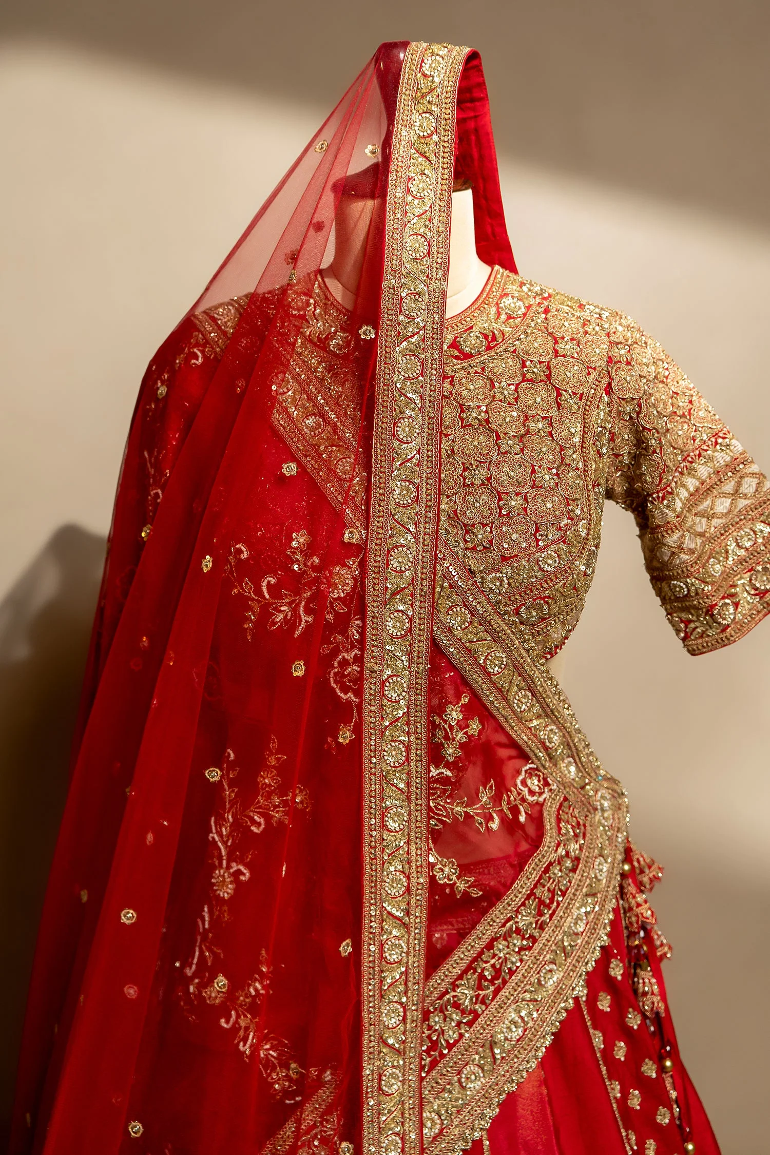 Maroon Raw Silk Tissue Paisley Motif Designer Bridal Lehenga with Double Dupatta - Image 4