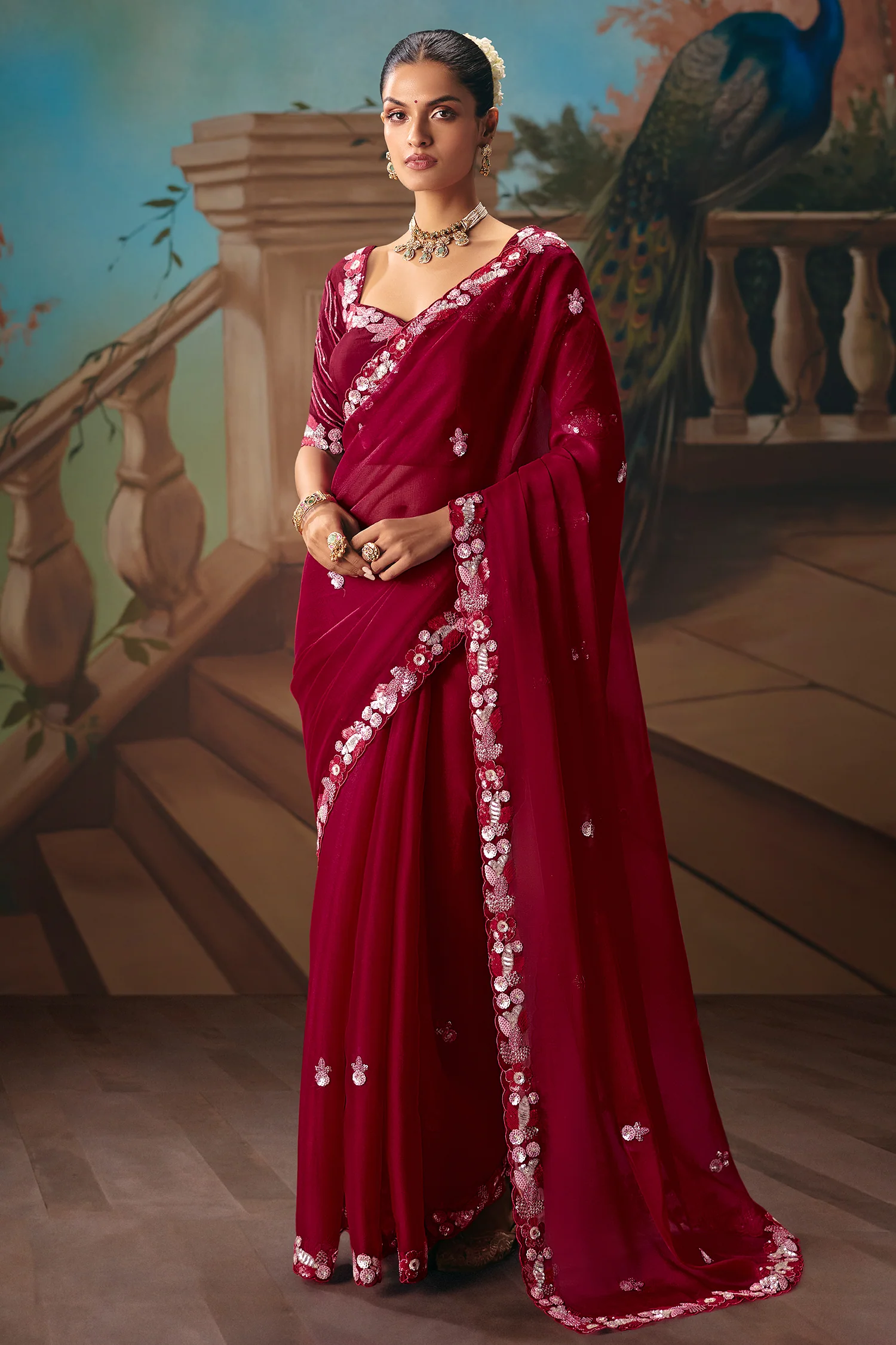 Maroon Viscose Chiffon Saree With Rich Floral Embroidery And Sequin Work - Image 3