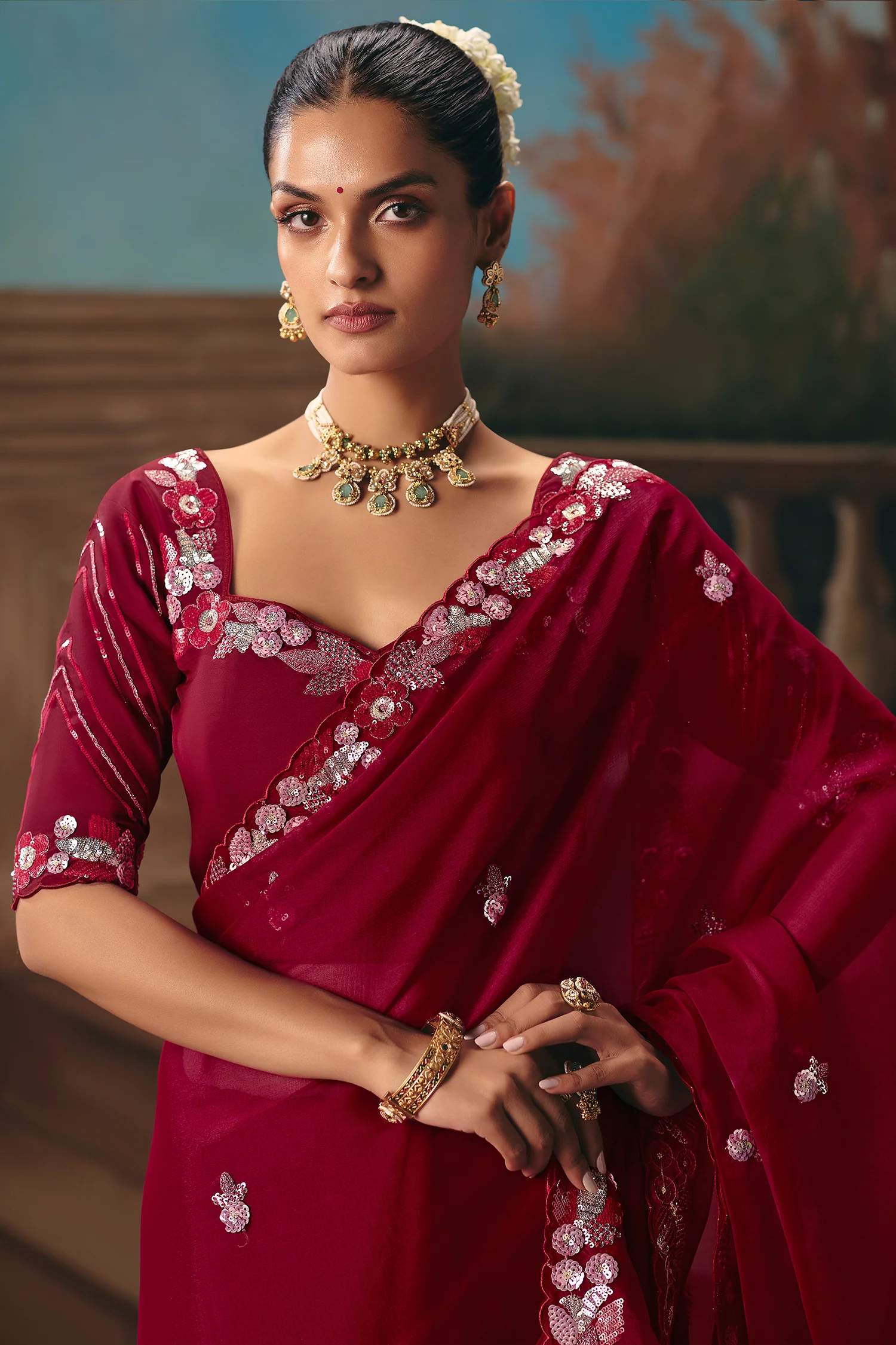 Maroon Viscose Chiffon Saree With Rich Floral Embroidery And Sequin Work - Image 4