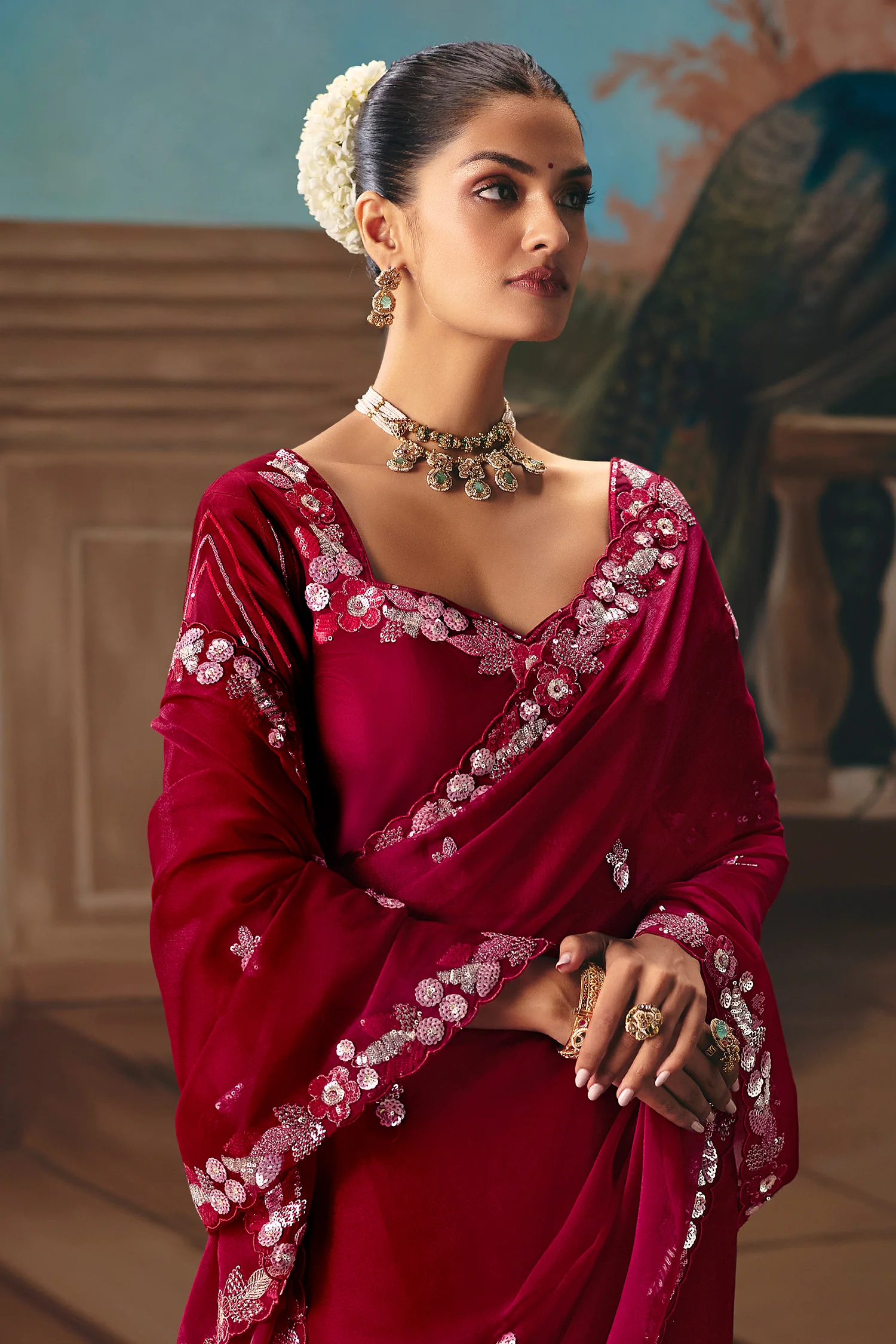 Maroon Viscose Chiffon Saree With Rich Floral Embroidery And Sequin Work - Image 5