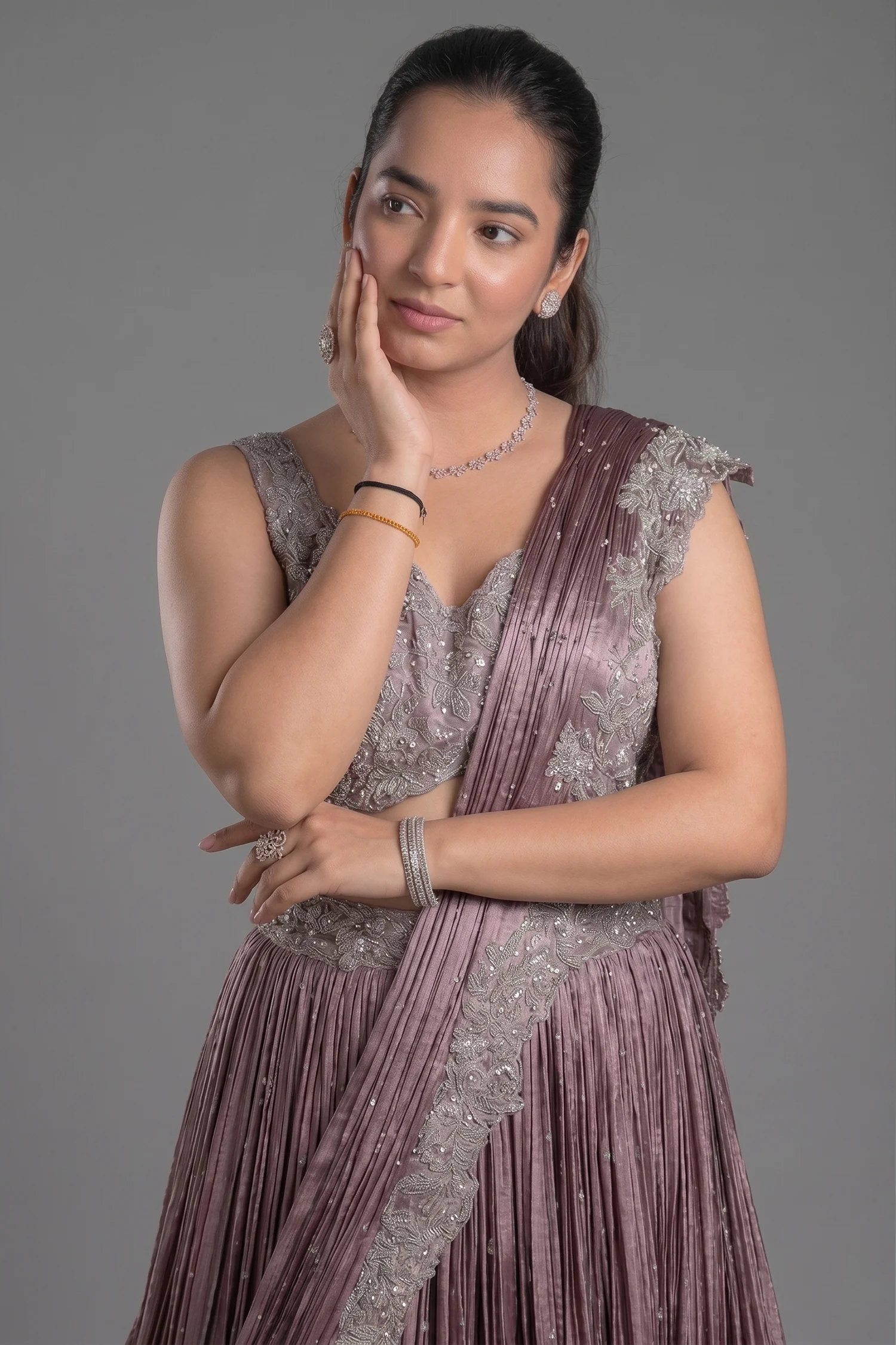 Mauve Chinon Silk Cutdana Sequin Work Lehenga with Attached Dupatta - Image 2
