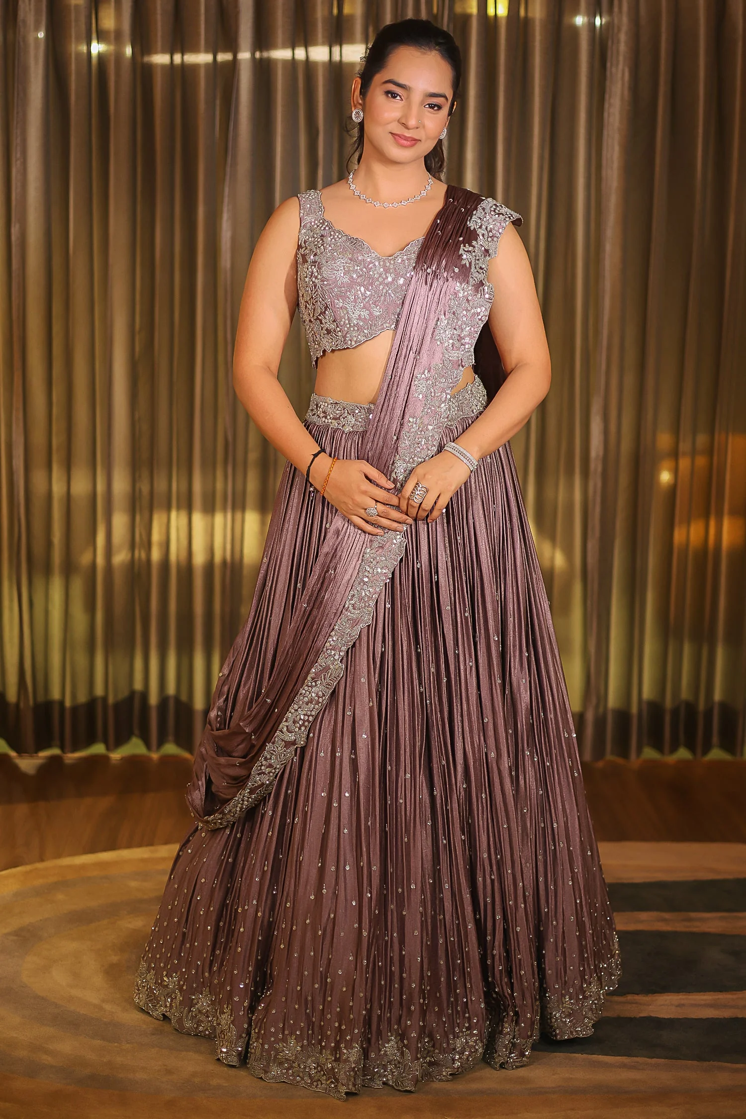 Mauve Chinon Silk Cutdana Sequin Work Lehenga with Attached Dupatta - Image 5