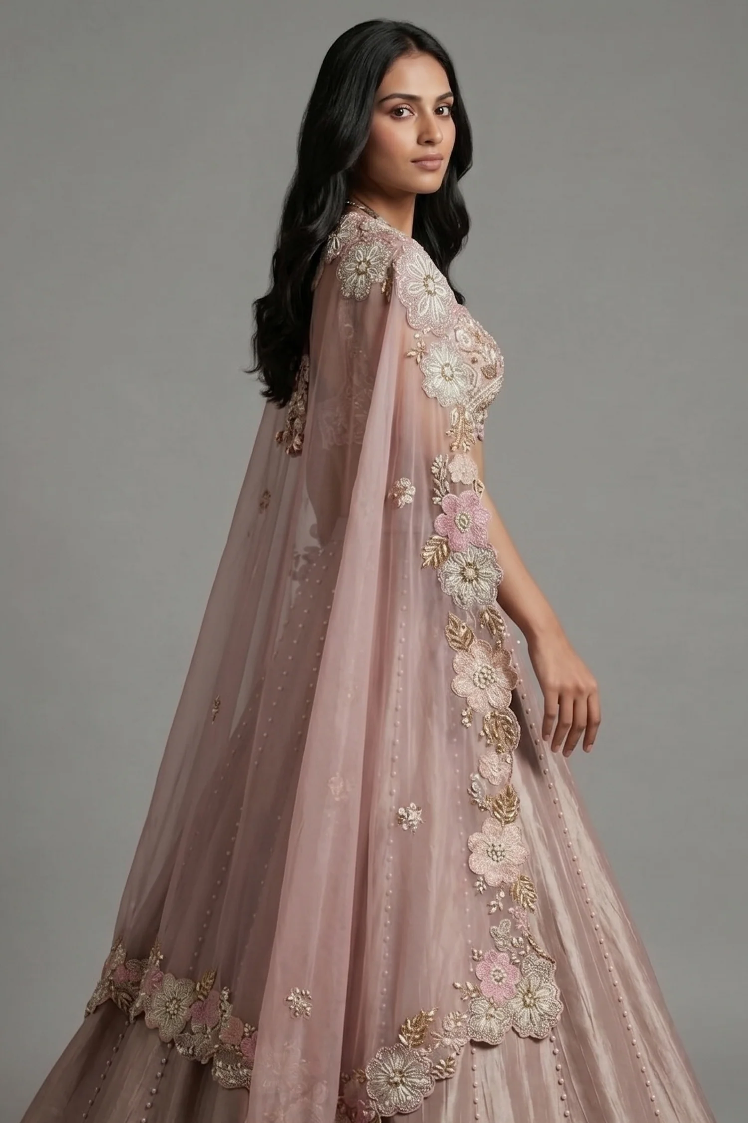 Mauve Silk Designer Sequin Beaded Crop Top Lehenga with Cape Jacket - Image 2