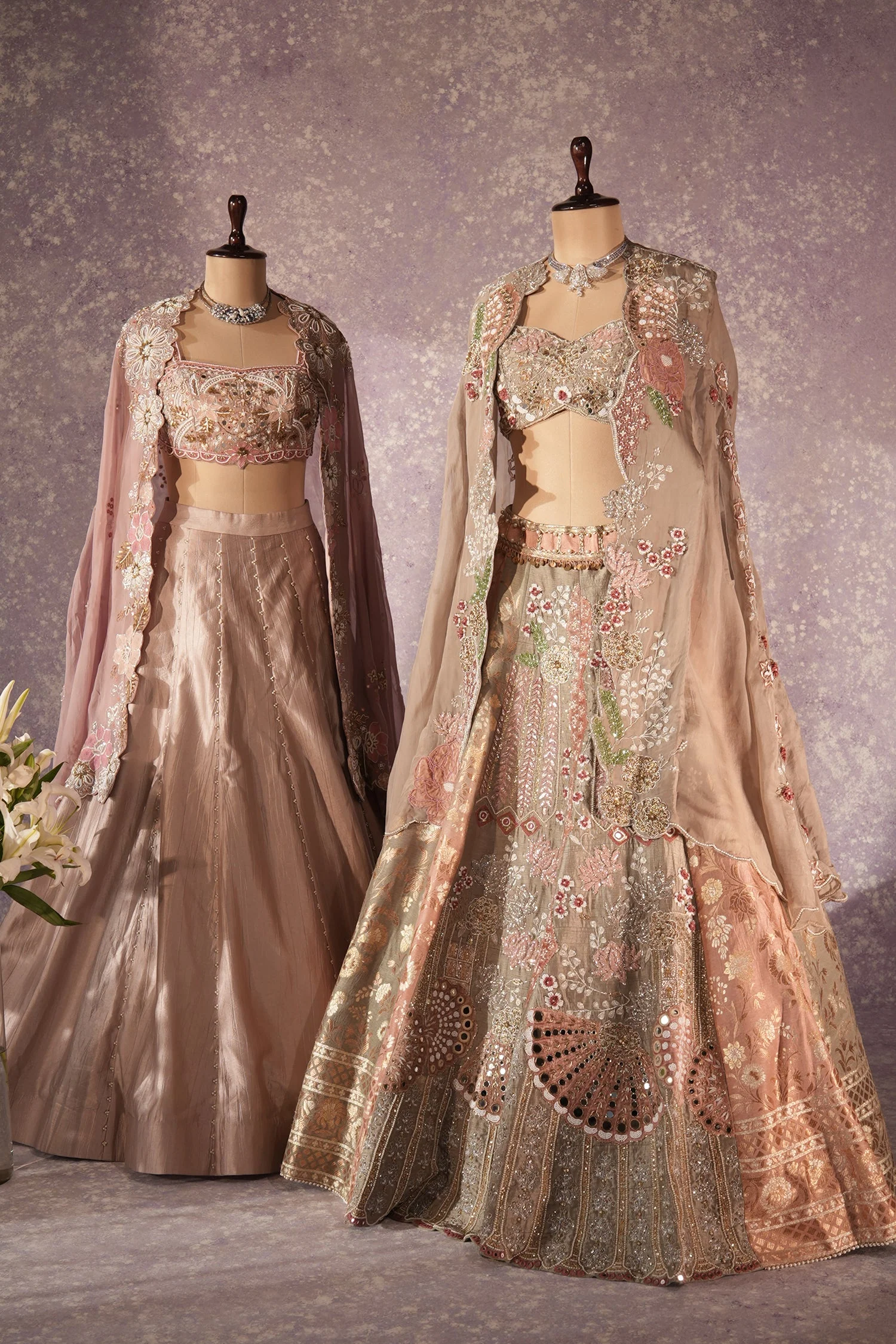 Mauve Silk Designer Sequin Beaded Crop Top Lehenga with Cape Jacket - Image 3