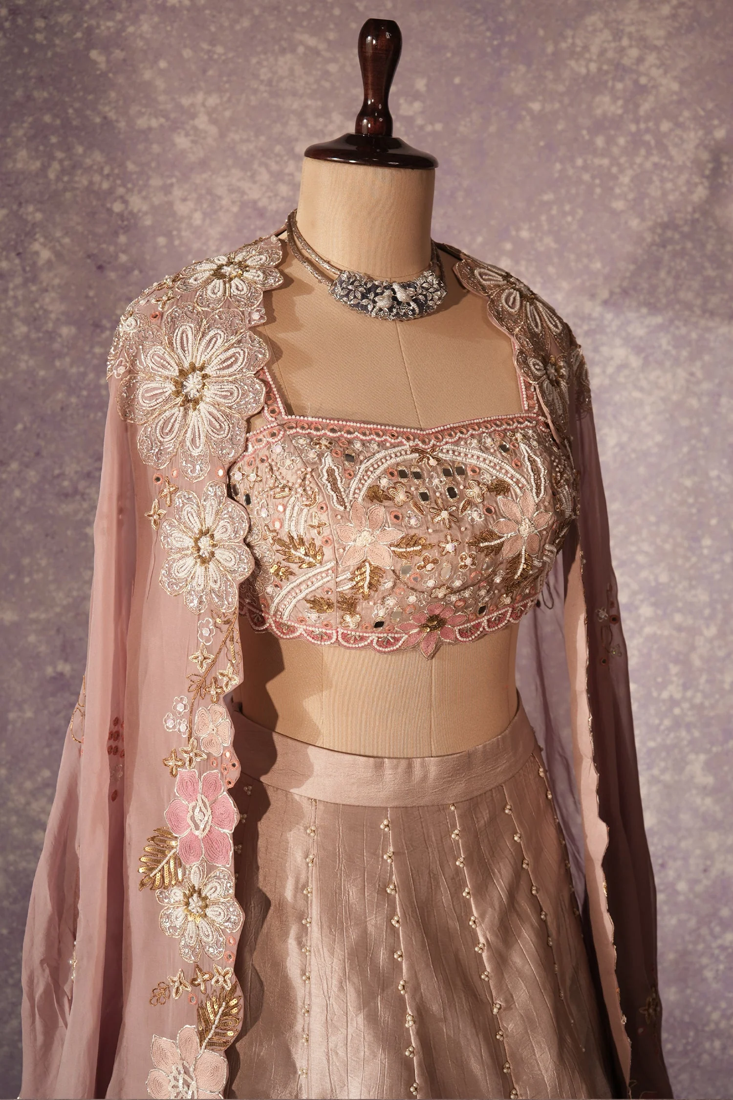 Mauve Silk Designer Sequin Beaded Crop Top Lehenga with Cape Jacket - Image 4