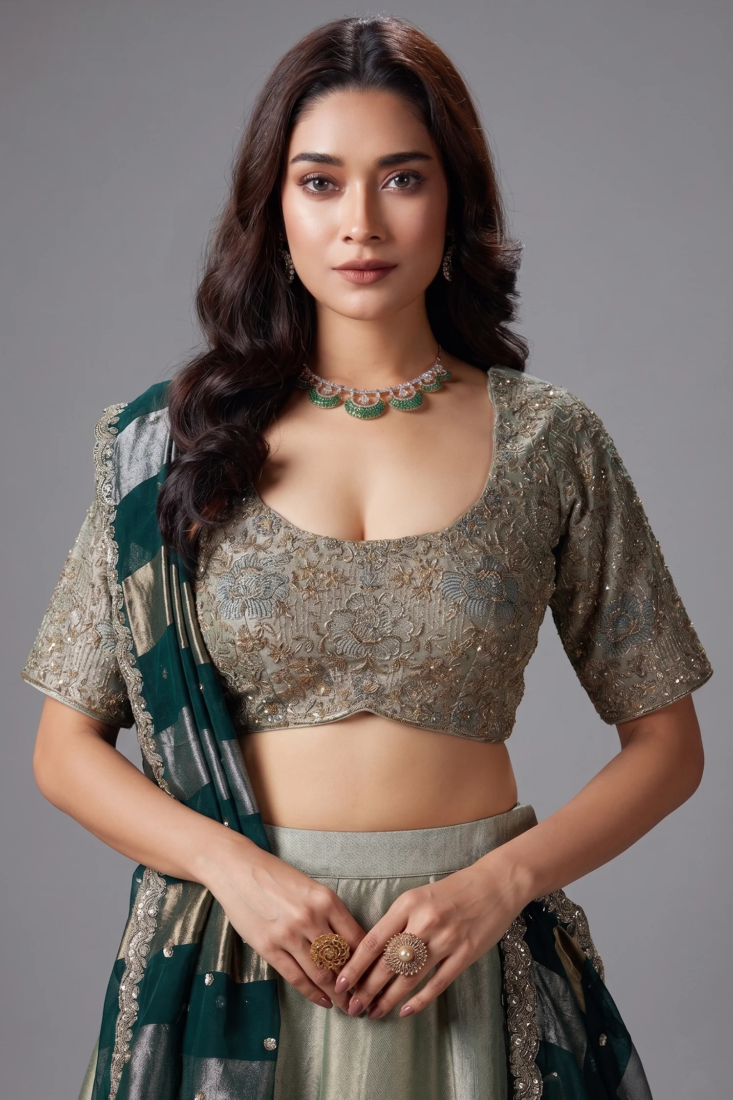Mint Green and Golden Tissue Lehenga with Zardosi and Sequin Work - Image 2