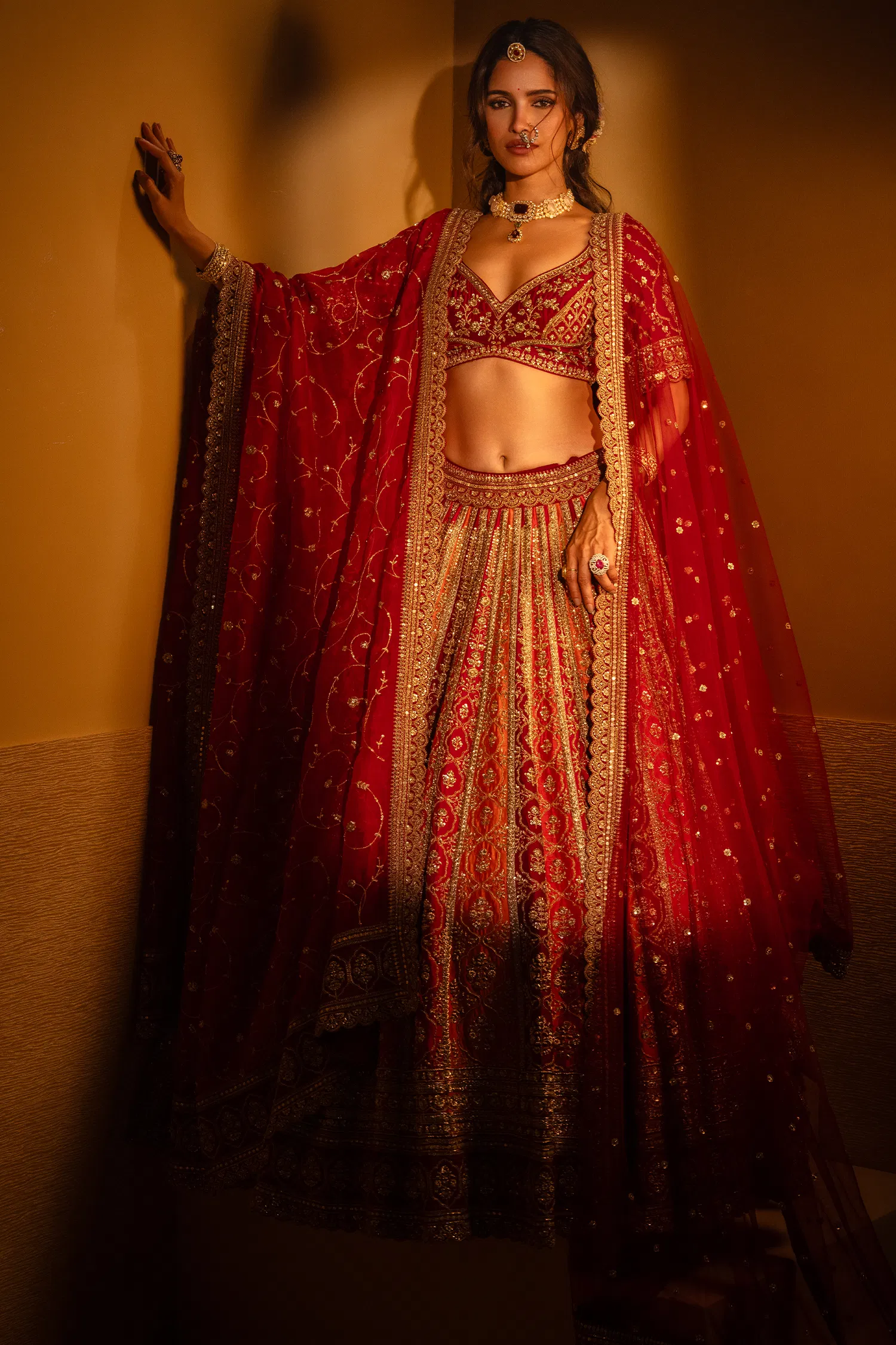 Multi Colored Raw Silk Heavy Bridal Lehenga with Curved Sweet Heart Neck Blouse and Double Dupatta - Image 3