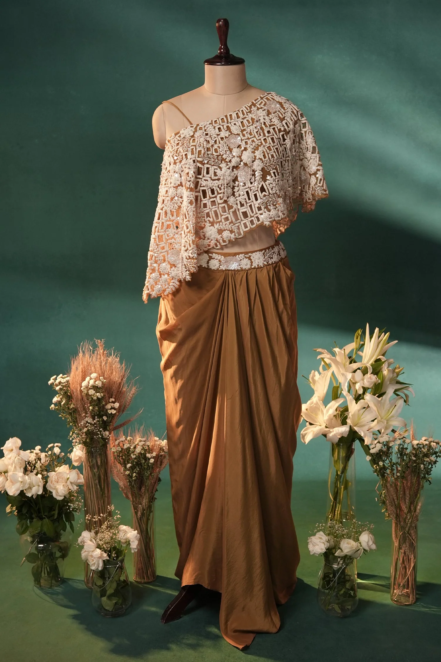 Mustard Brown and Beige Sequin Embroidered One Shoulder Crop Top with Dhoti Skirt Set - Image 2