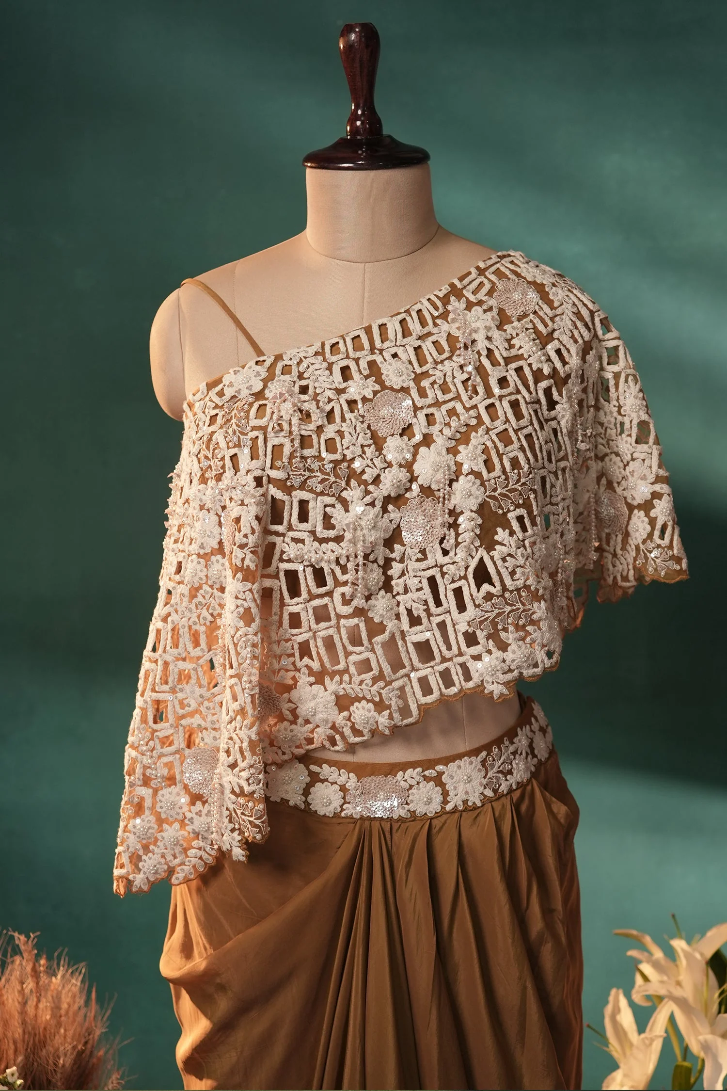 Mustard Brown and Beige Sequin Embroidered One Shoulder Crop Top with Dhoti Skirt Set - Image 3