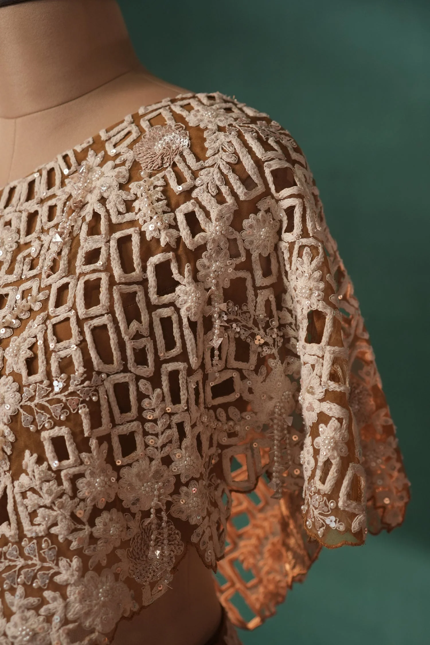 Mustard Brown and Beige Sequin Embroidered One Shoulder Crop Top with Dhoti Skirt Set - Image 4