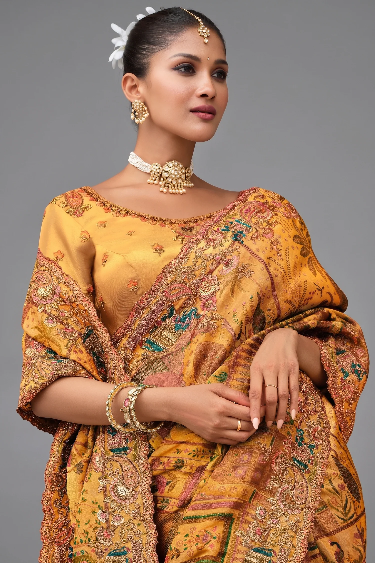 Mustard Silk Woven Saree with Embroidery - Image 2