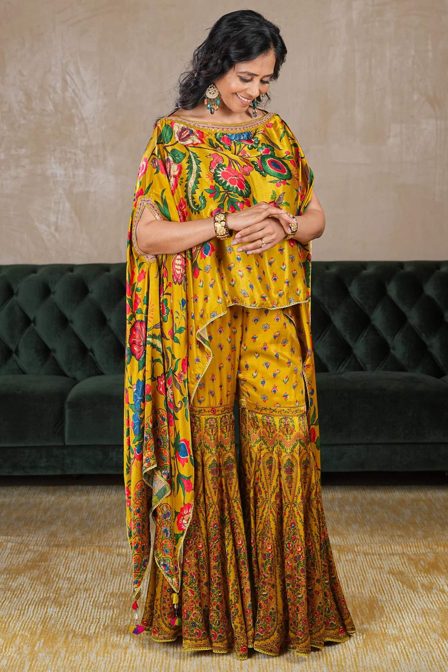 Mustard Yellow Gaji Silk Printed Sharara Set - Image 3