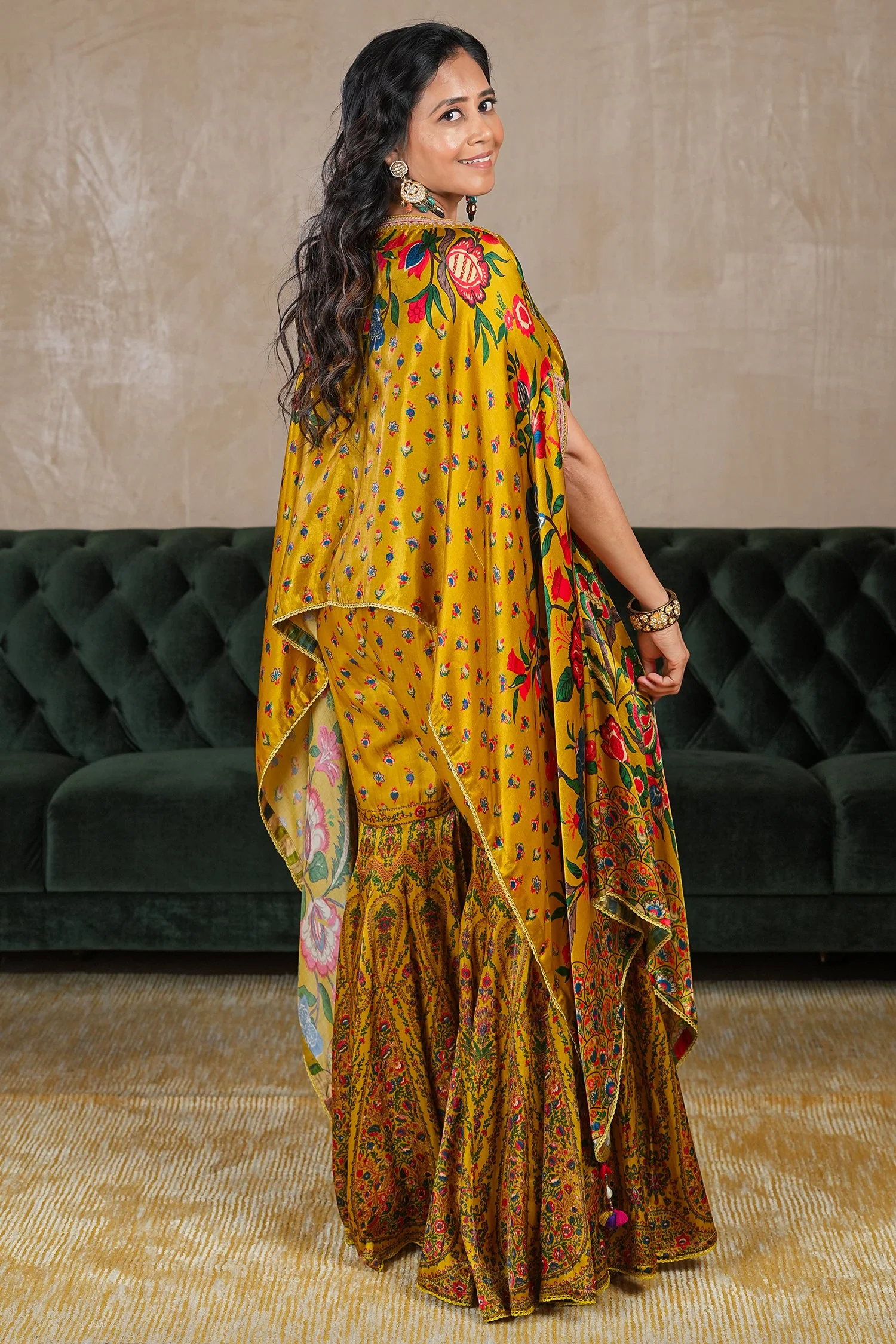 Mustard Yellow Gaji Silk Printed Sharara Set - Image 4