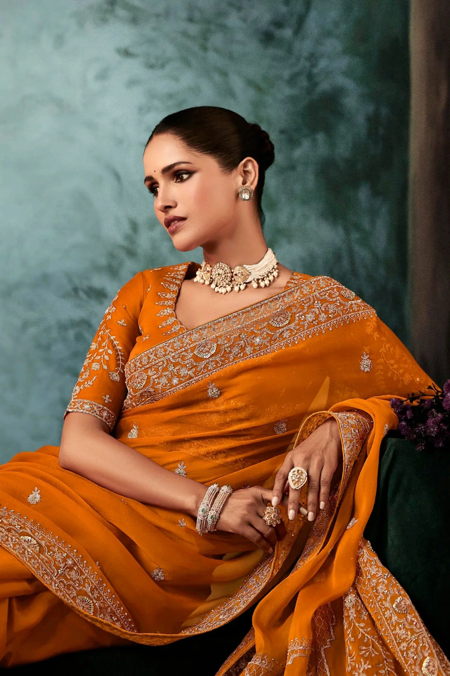 Mustard Yellow Georgette Chiffon Saree with Embroidery - Image 3