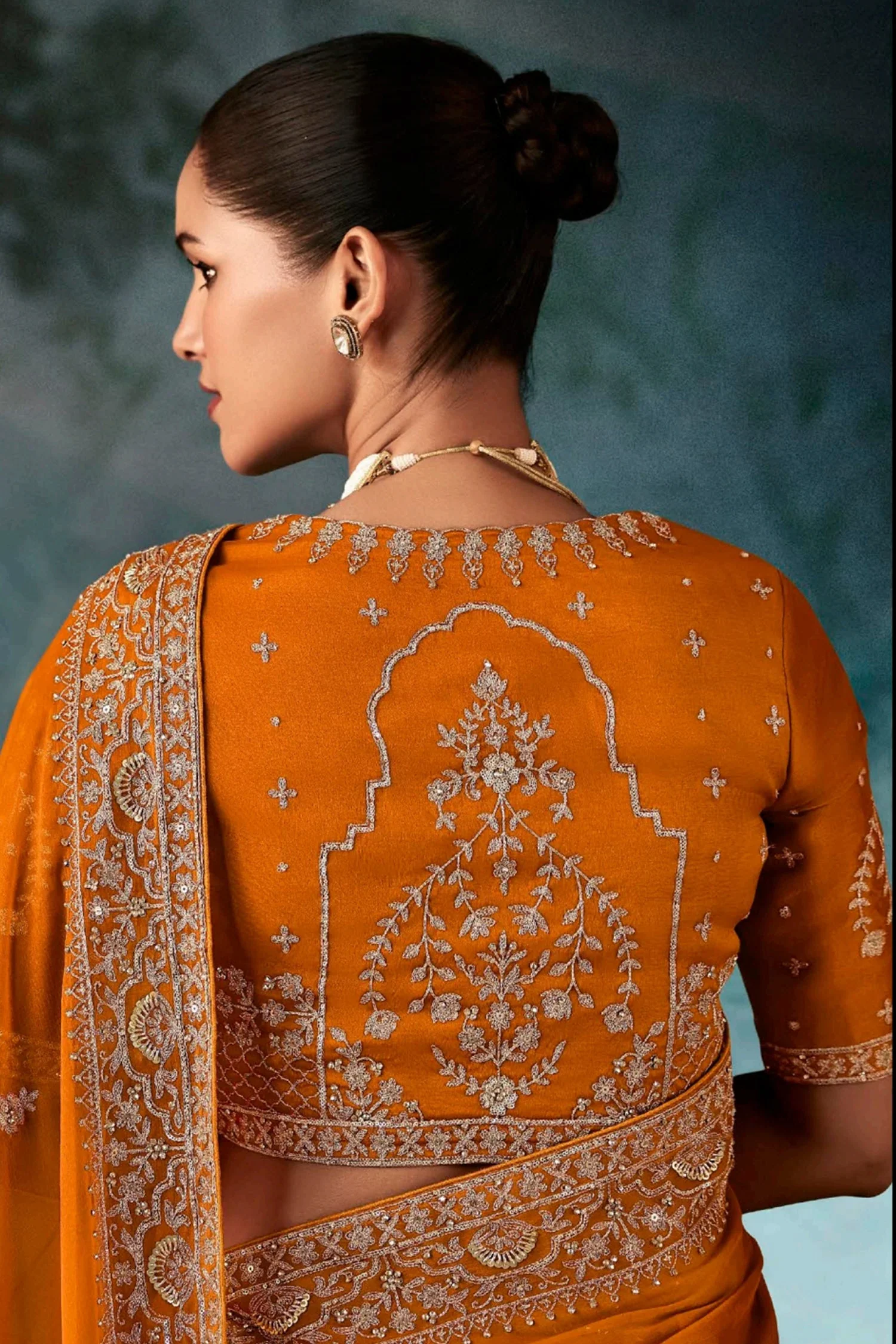 Mustard Yellow Georgette Chiffon Saree with Embroidery - Image 4