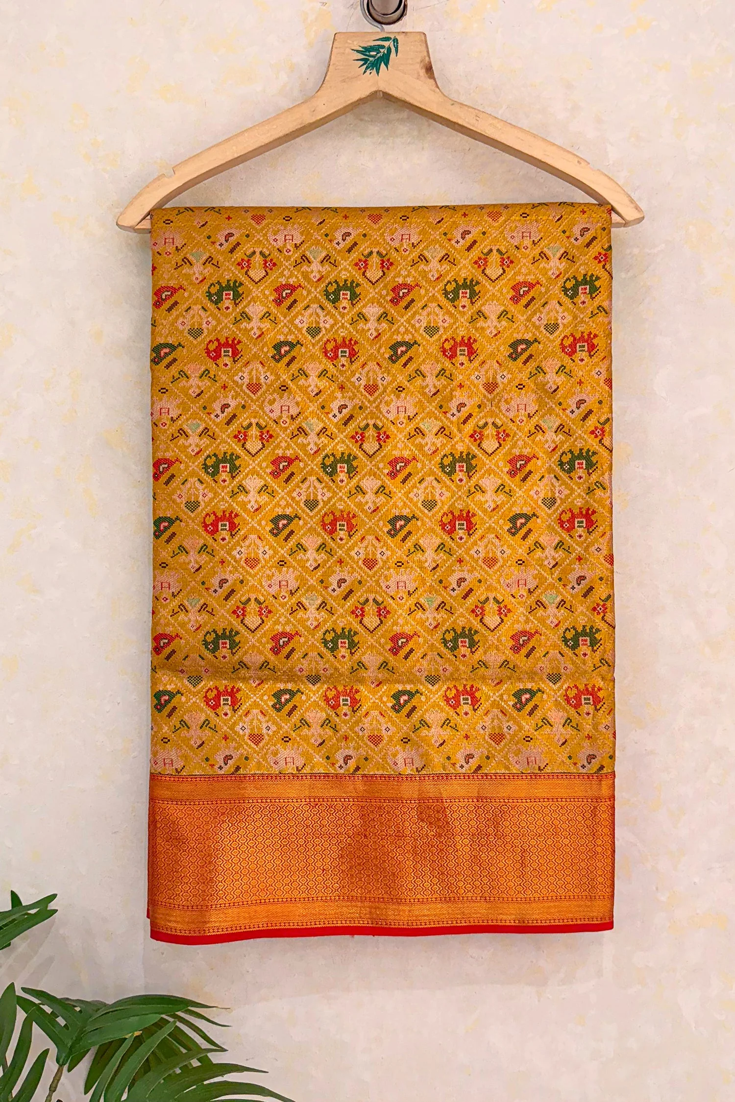 Mustard Yellow Kanchipuram Tissue Silk Checks Woven Patola Saree - Image 2