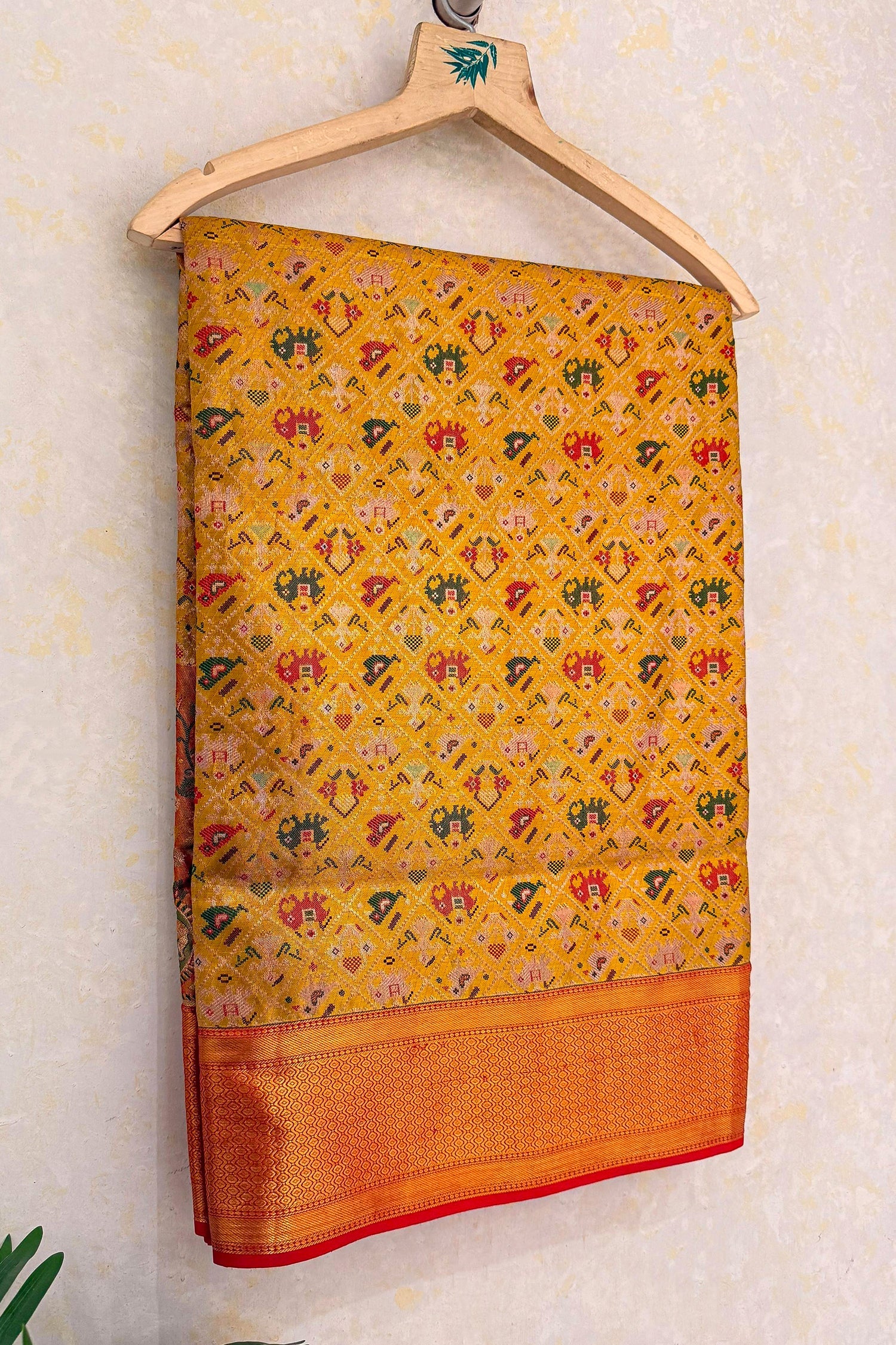 Mustard Yellow Kanchipuram Tissue Silk Checks Woven Patola Saree - Image 3
