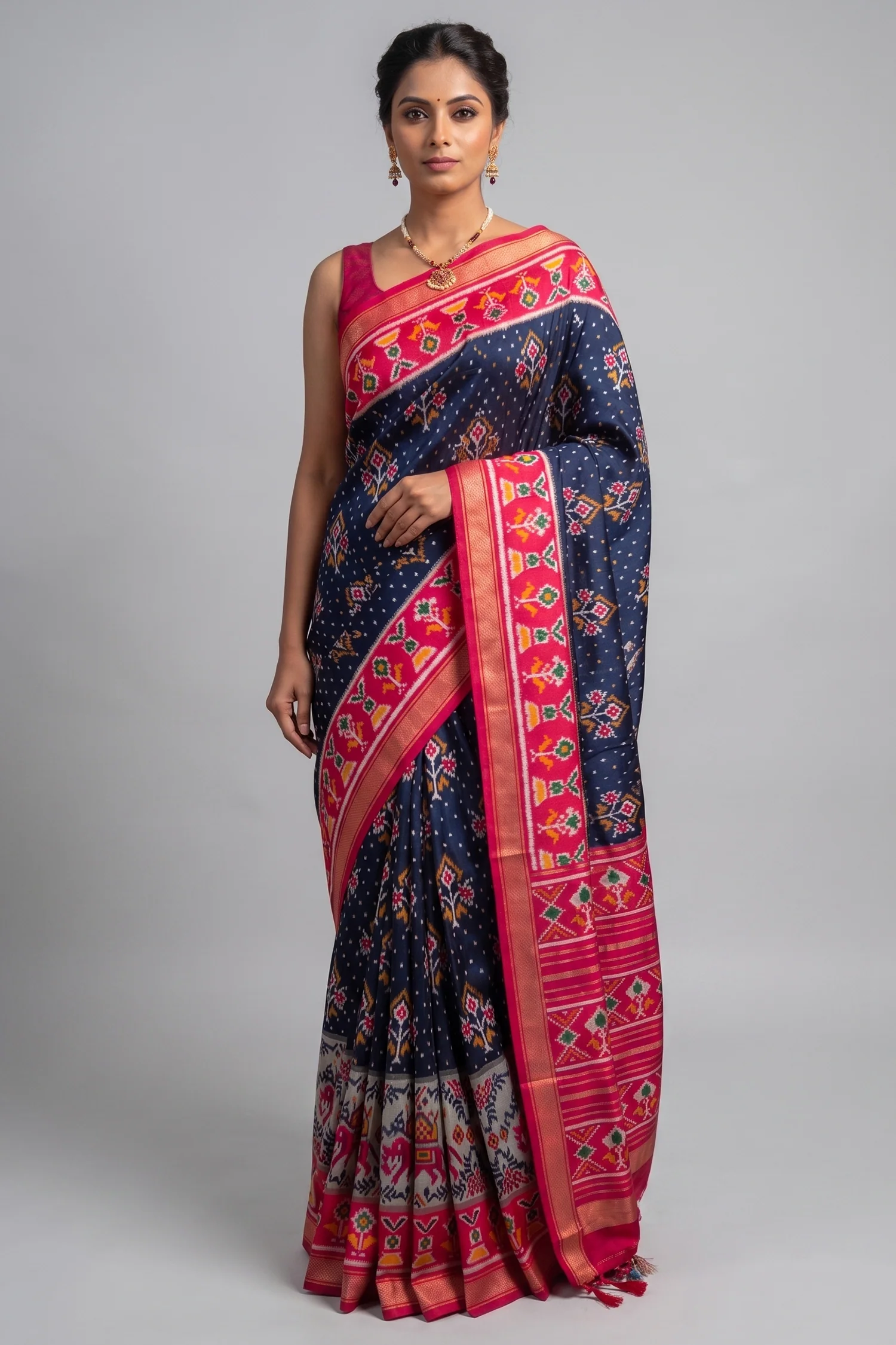 Navy Blue Art Silk Saree with Patola Border and Contrast Pallu