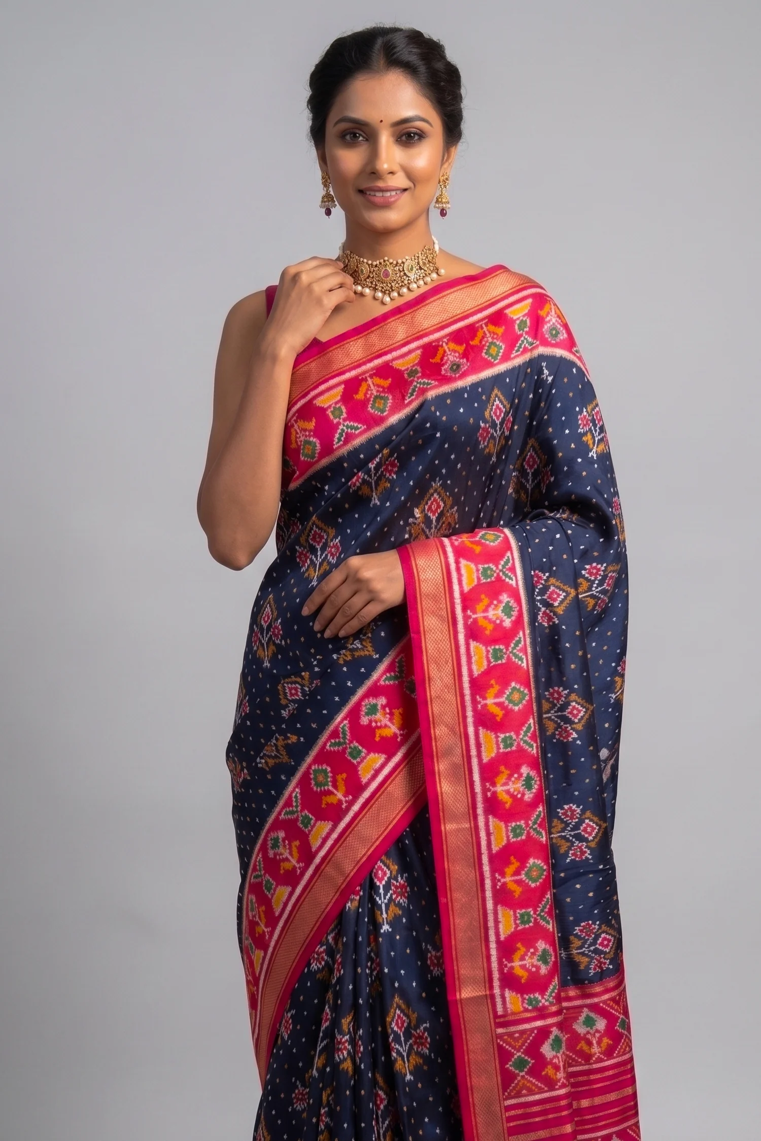 Navy Blue Art Silk Saree with Patola Border and Contrast Pallu - Image 2
