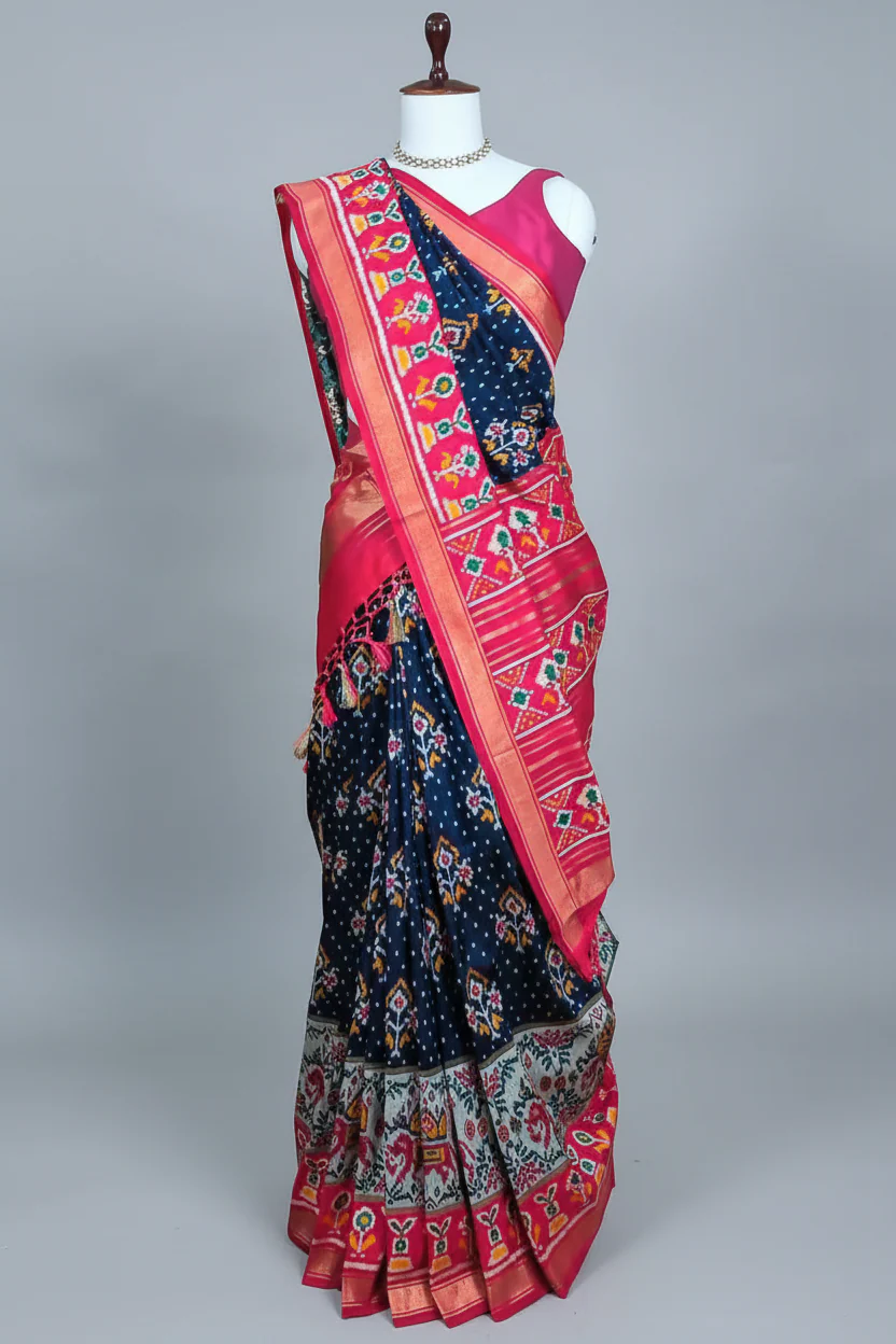 Navy Blue Art Silk Saree with Patola Border and Contrast Pallu - Image 3