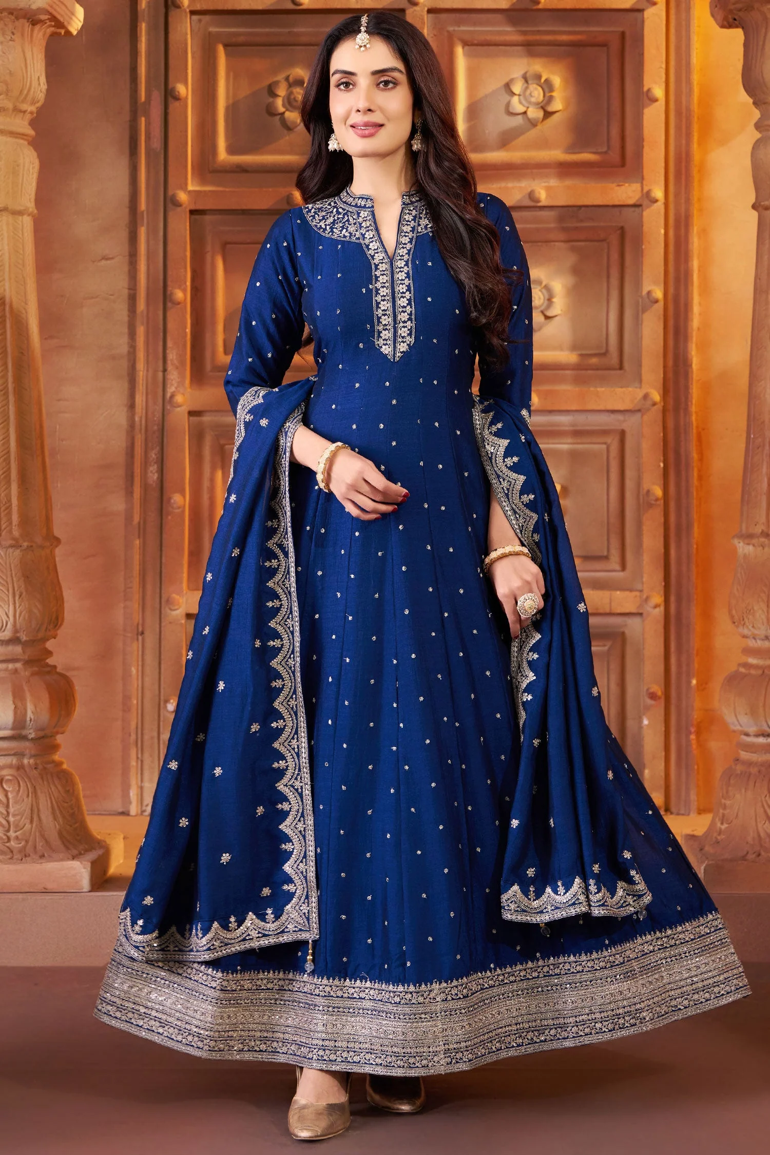 Navy Blue Art Silk Sequin Embroidery Worked Anarkali Suit - Image 2