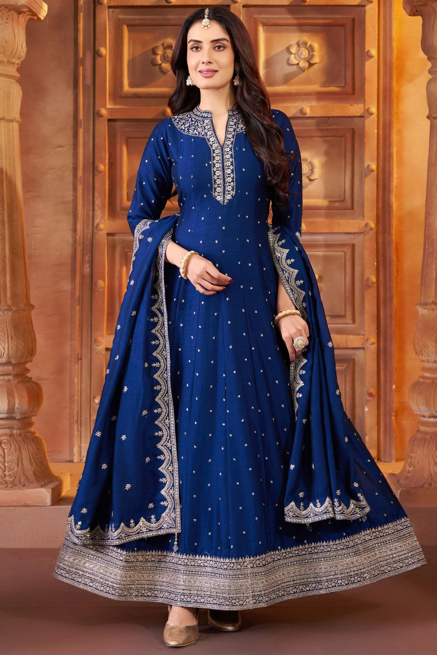Navy Blue Art Silk Sequin Embroidery Worked Anarkali Suit - Image 3