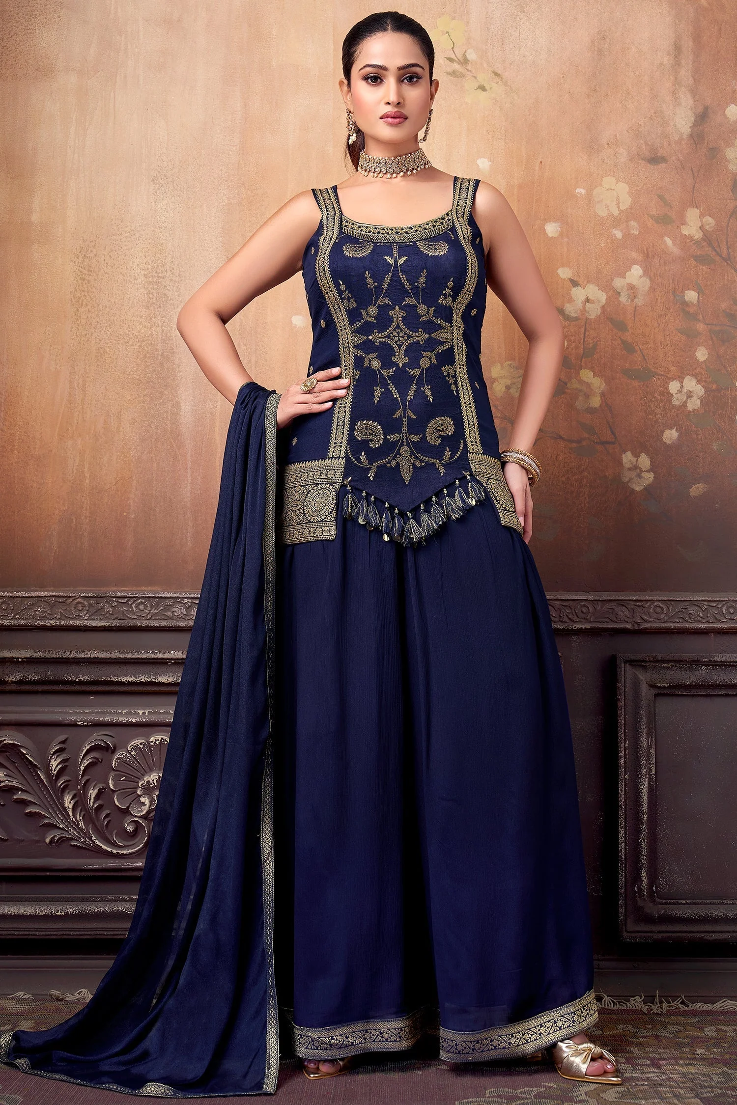 Navy Blue Art Silk Woven Palazzo Suit - Image 2