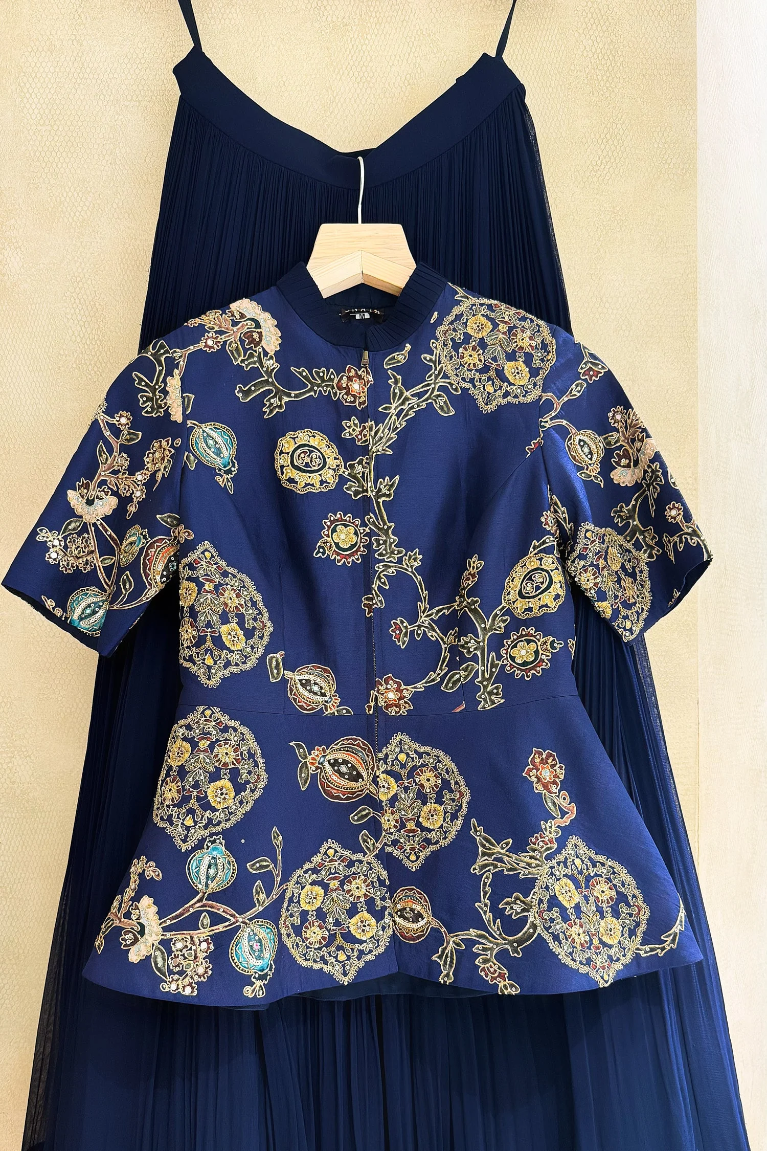 Navy Blue Silk Peplum Lehenga Set with Printed and Sequin Work - Image 3
