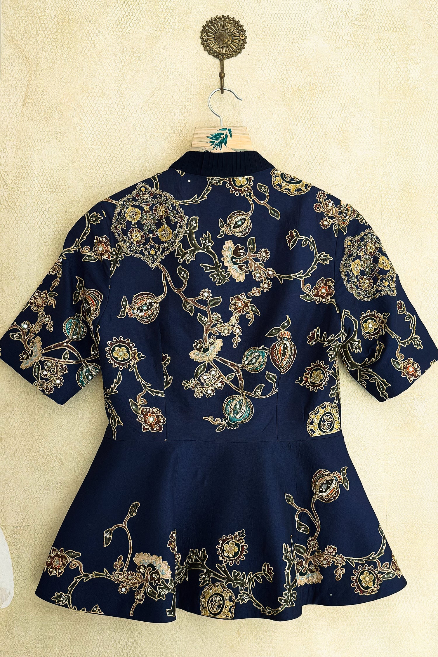 Navy Blue Silk Peplum Lehenga Set with Printed and Sequin Work - Image 4