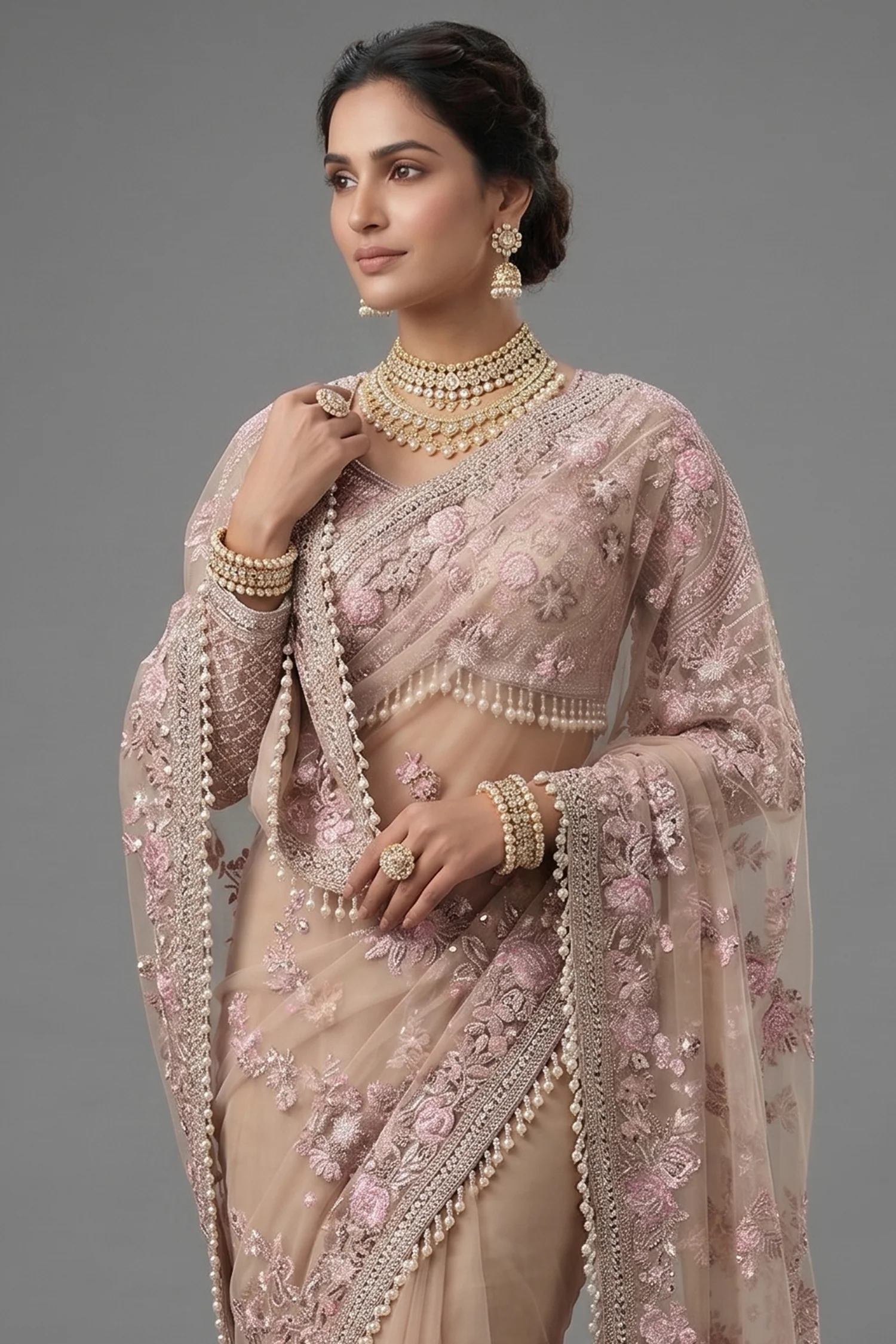 Nude Beige Net Sequin Embroidered Saree with Full Sleeve Readymade Blouse - Image 2